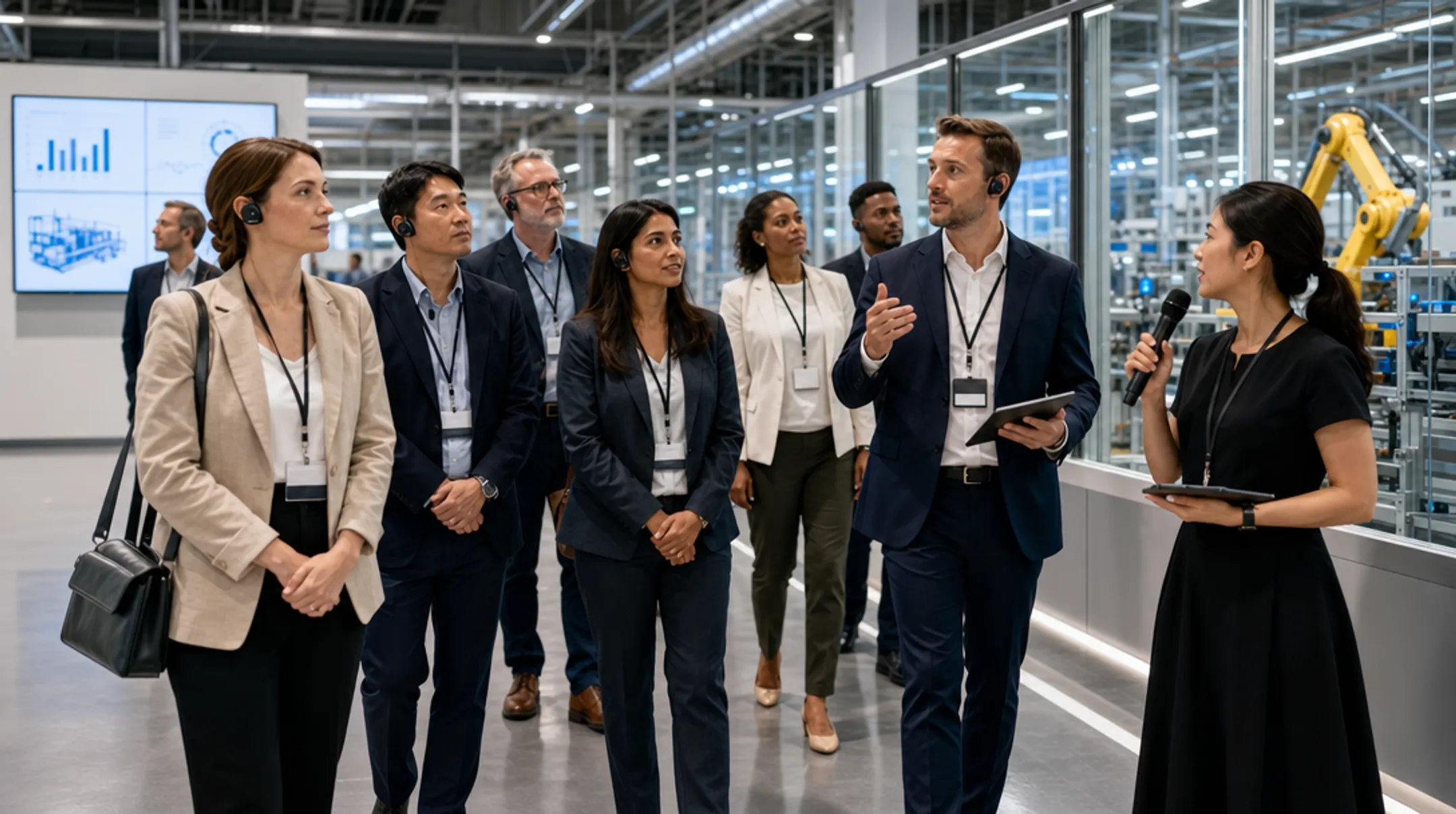 Corporate facility tour event with executives presenting to industry stakeholders