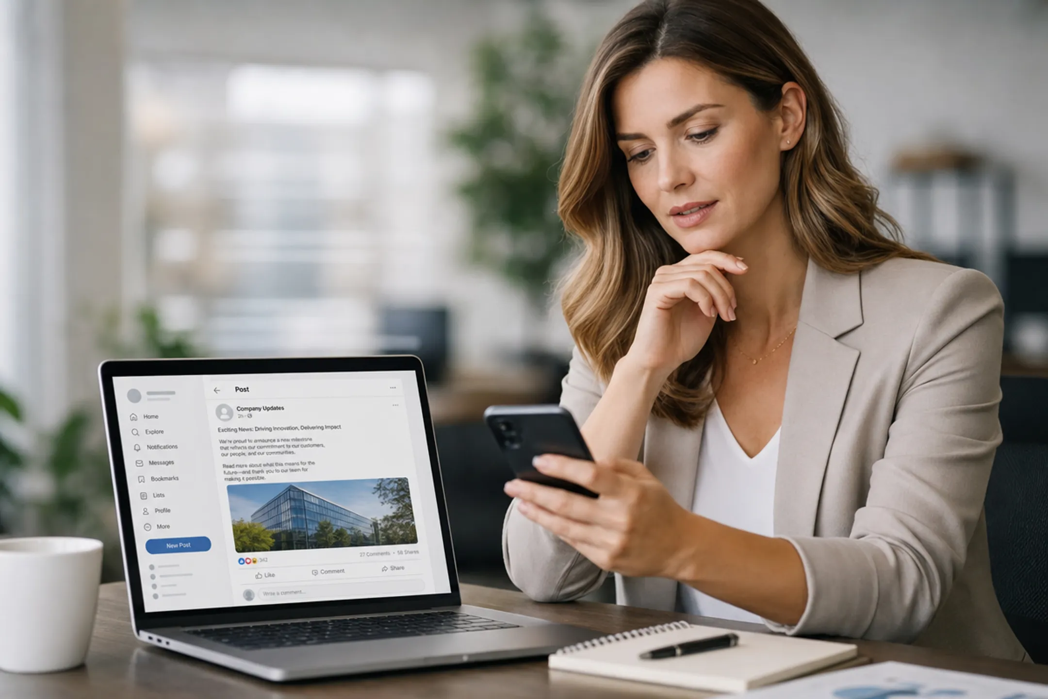 Corporate executive posting company announcement on social media platform