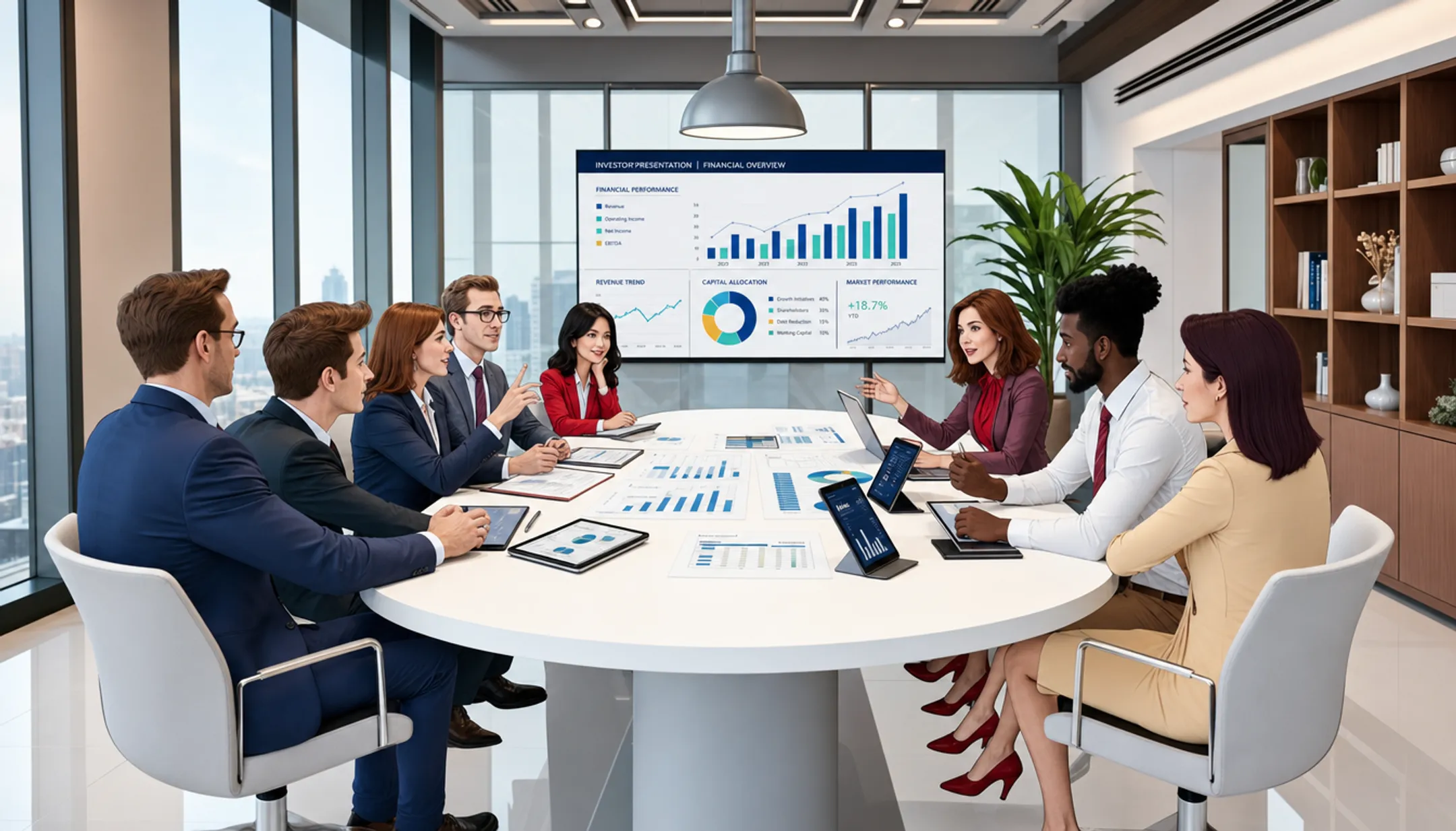 Financial communications team presenting investor relations strategy in boardroom
