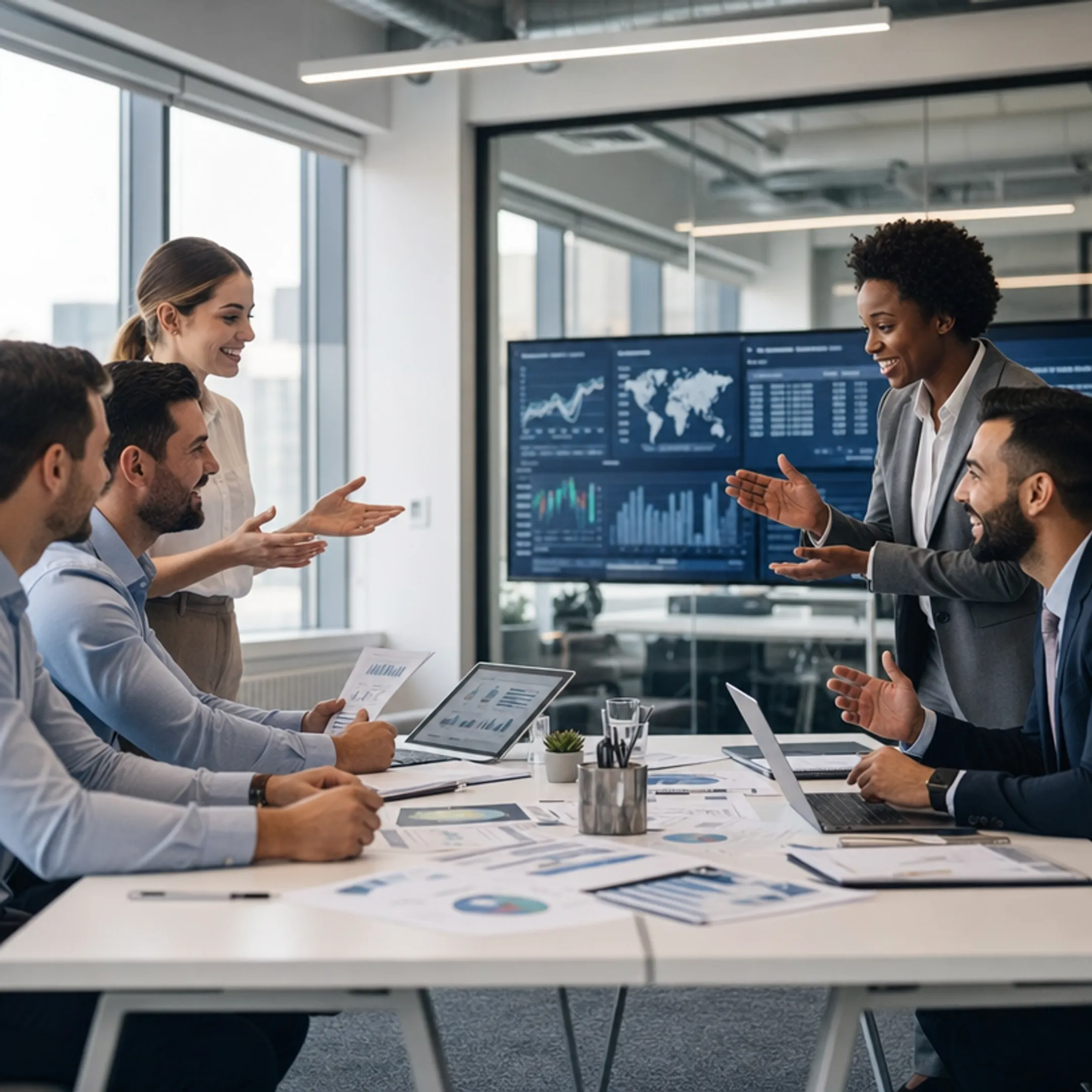 Global PR agency office with executives collaborating on communications strategy