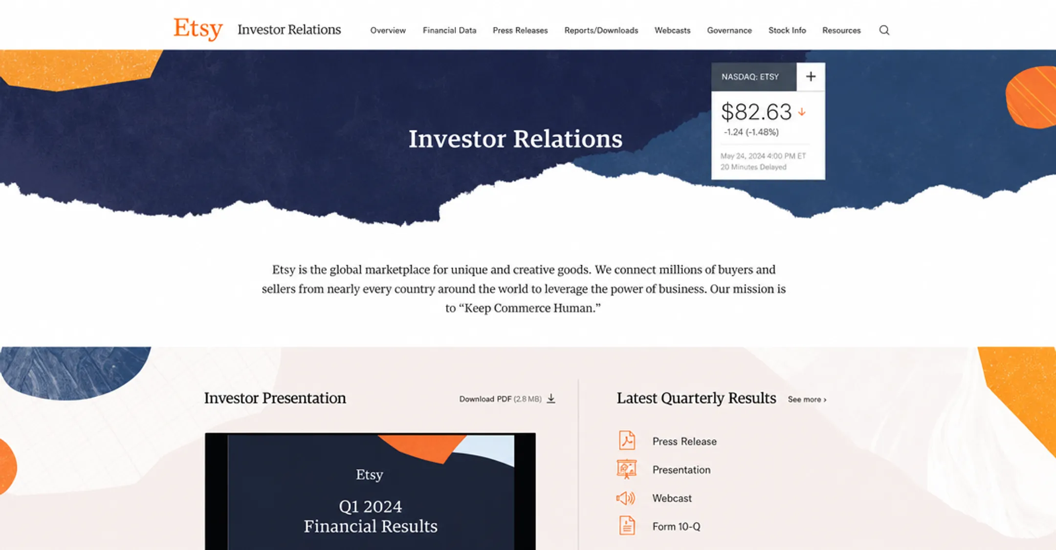 Investor relations website homepage displaying financial data and webcasts