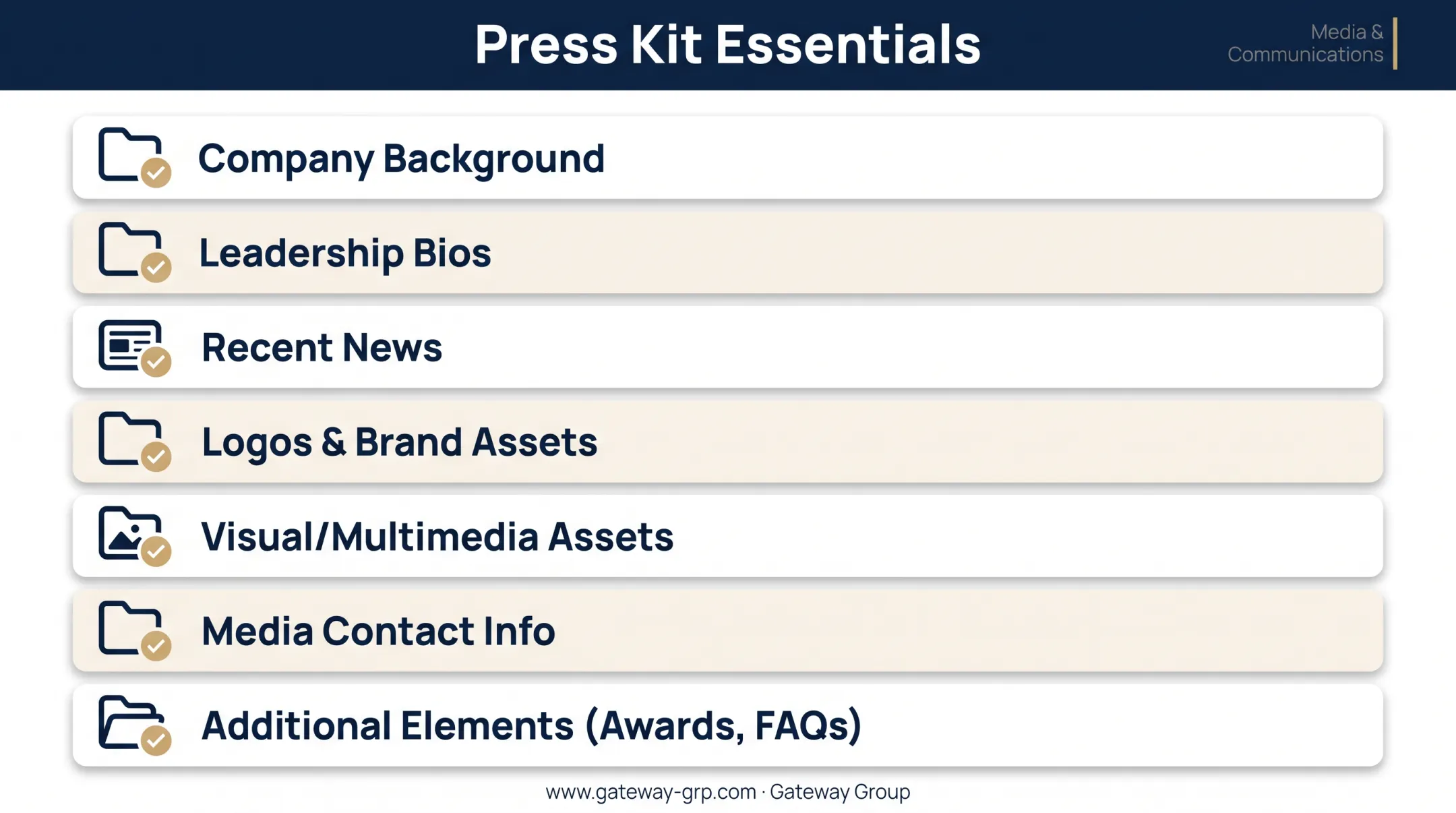 Complete press kit checklist showing seven essential components for journalists