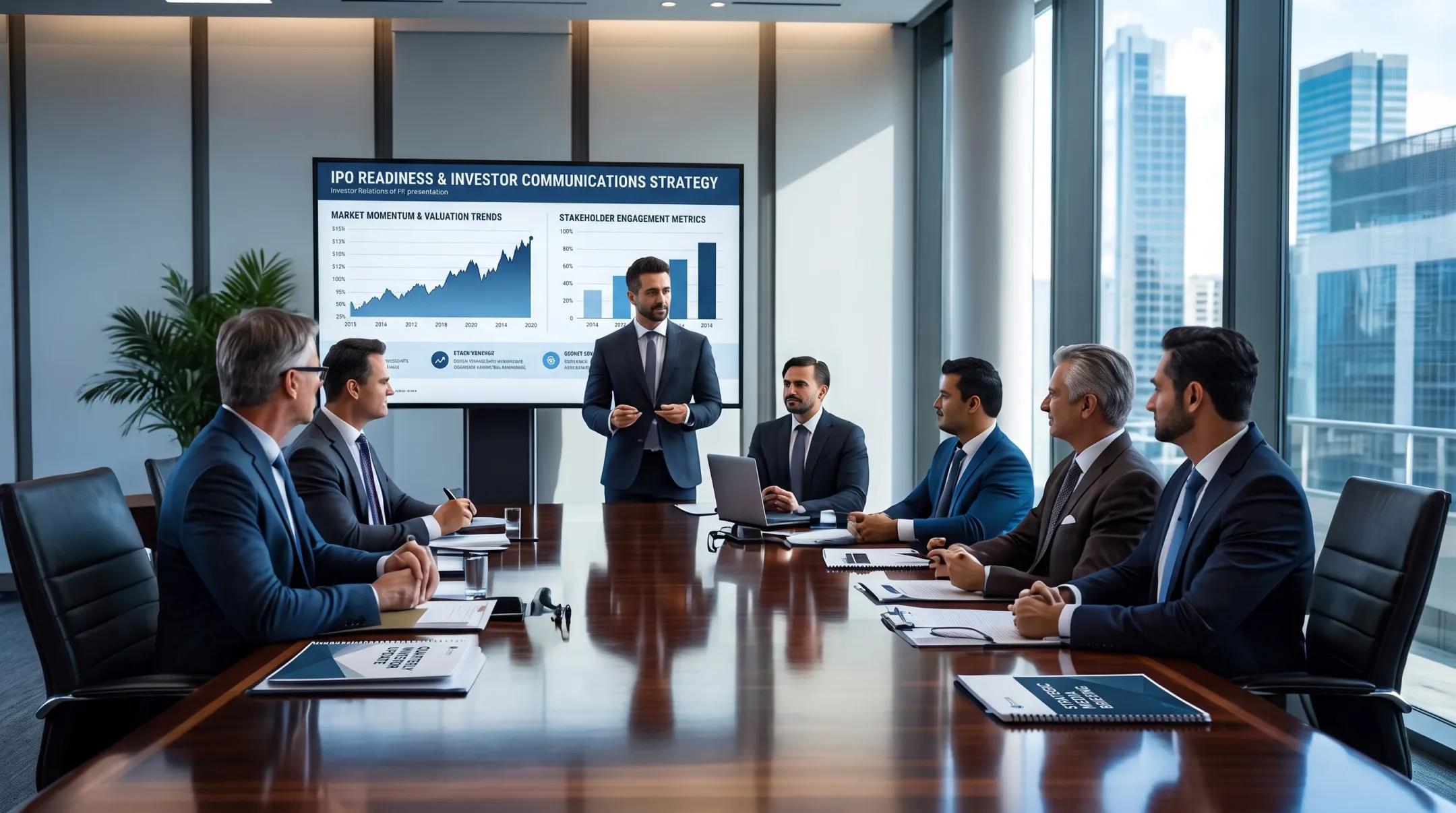 Investor relations team presenting equity story during company briefing meeting