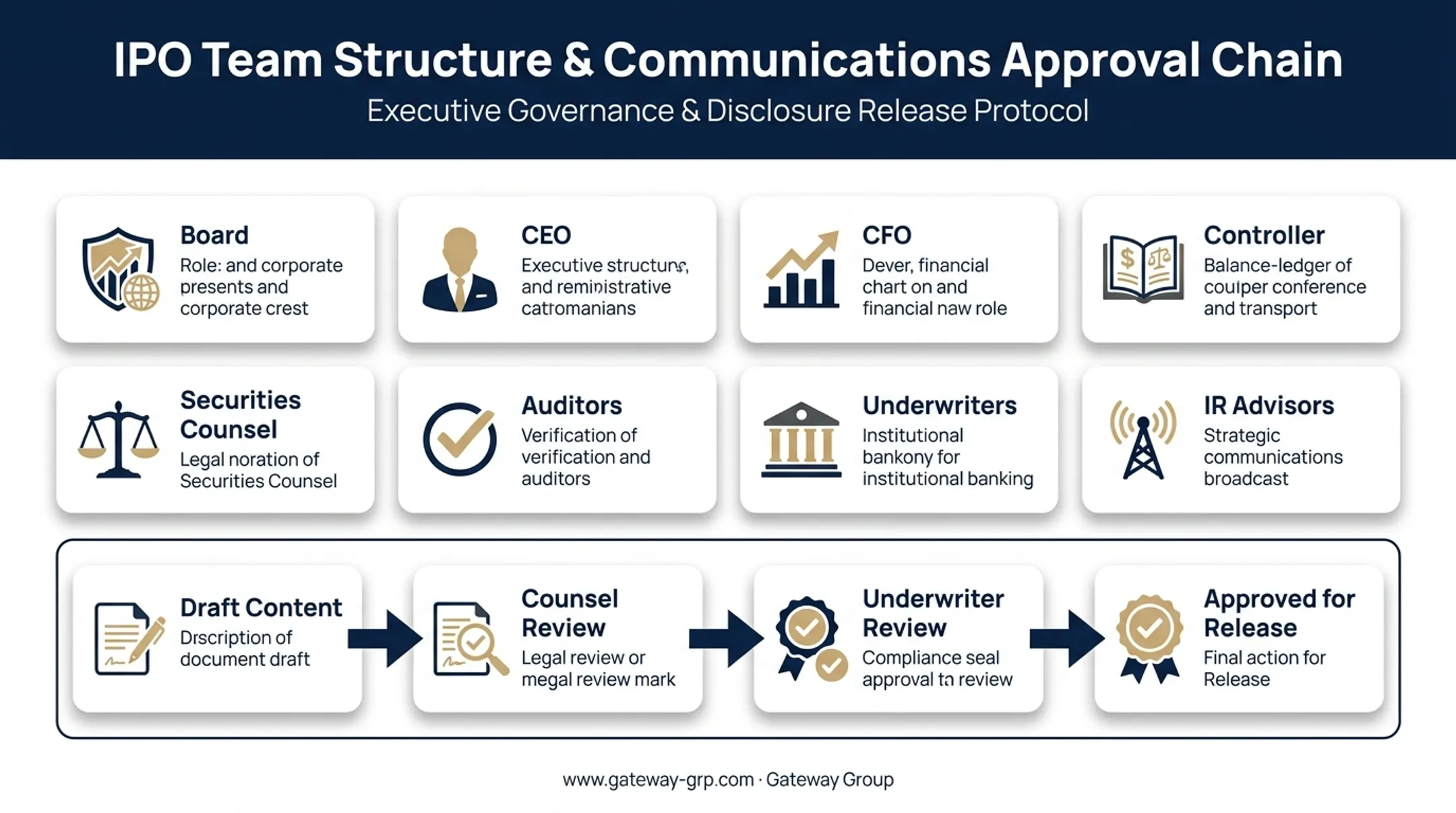 IPO team roles and communications approval workflow diagram
