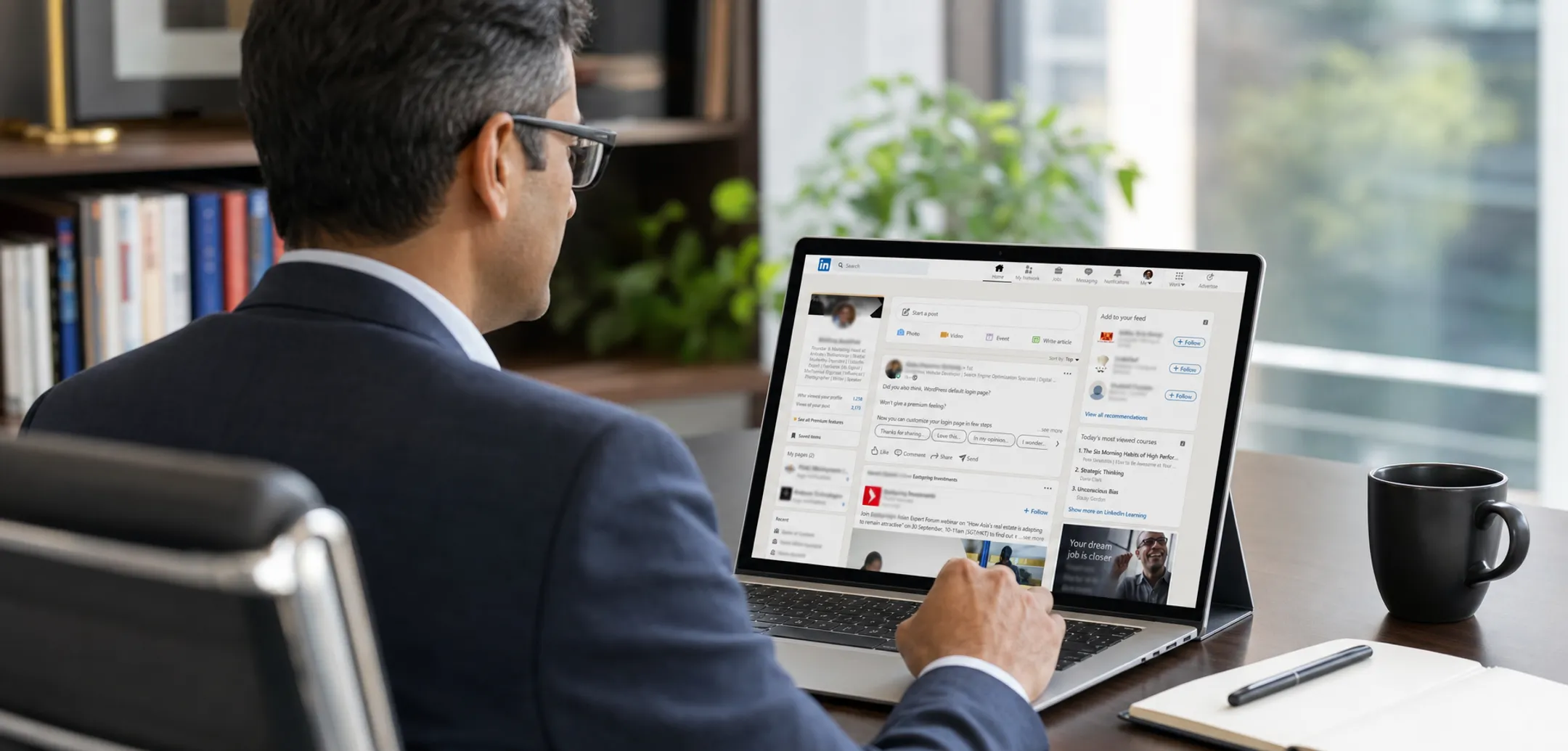 Fortune 100 CEO using LinkedIn for executive thought leadership on laptop