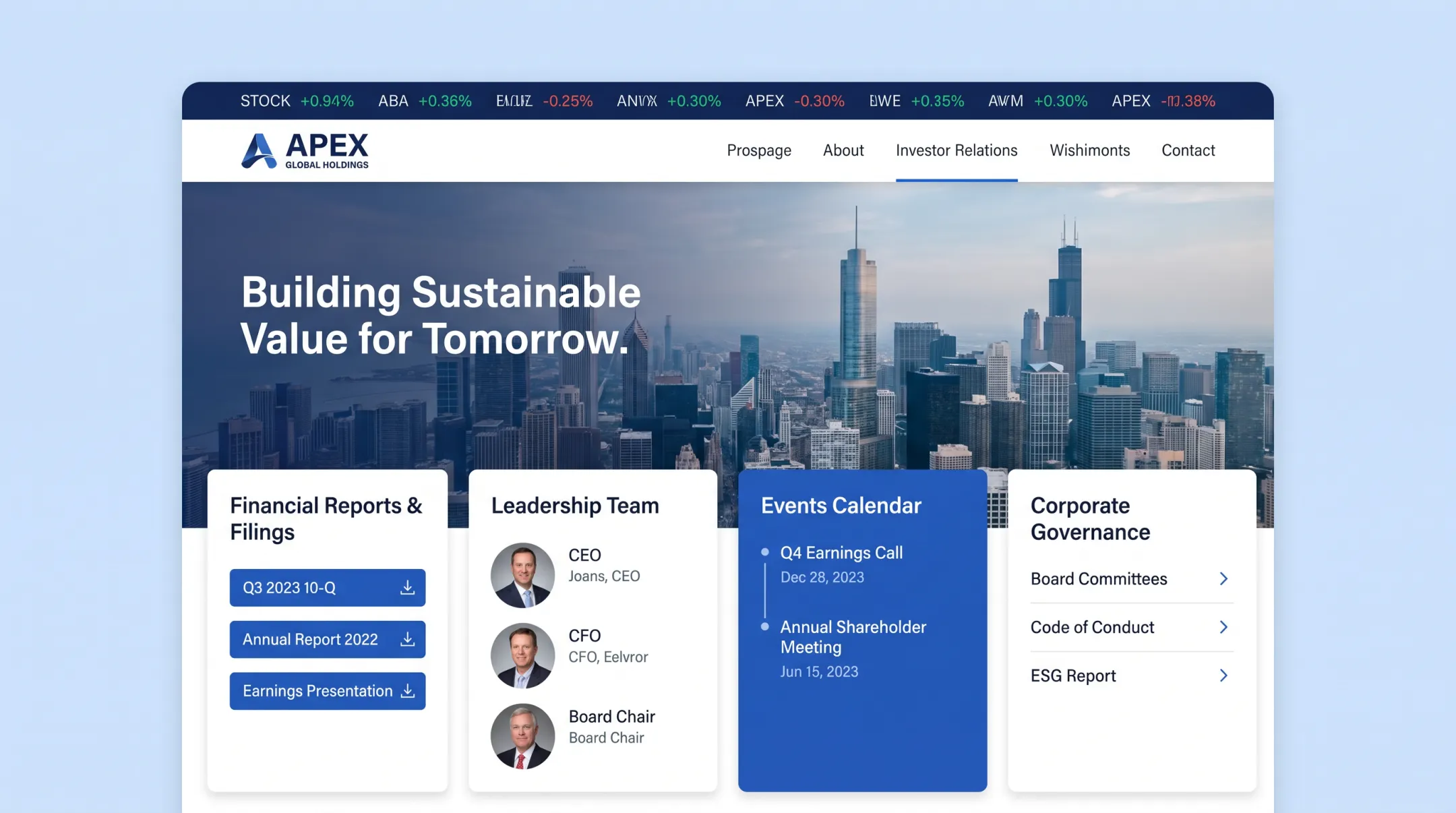 Professional investor relations website homepage with financial reports and filings