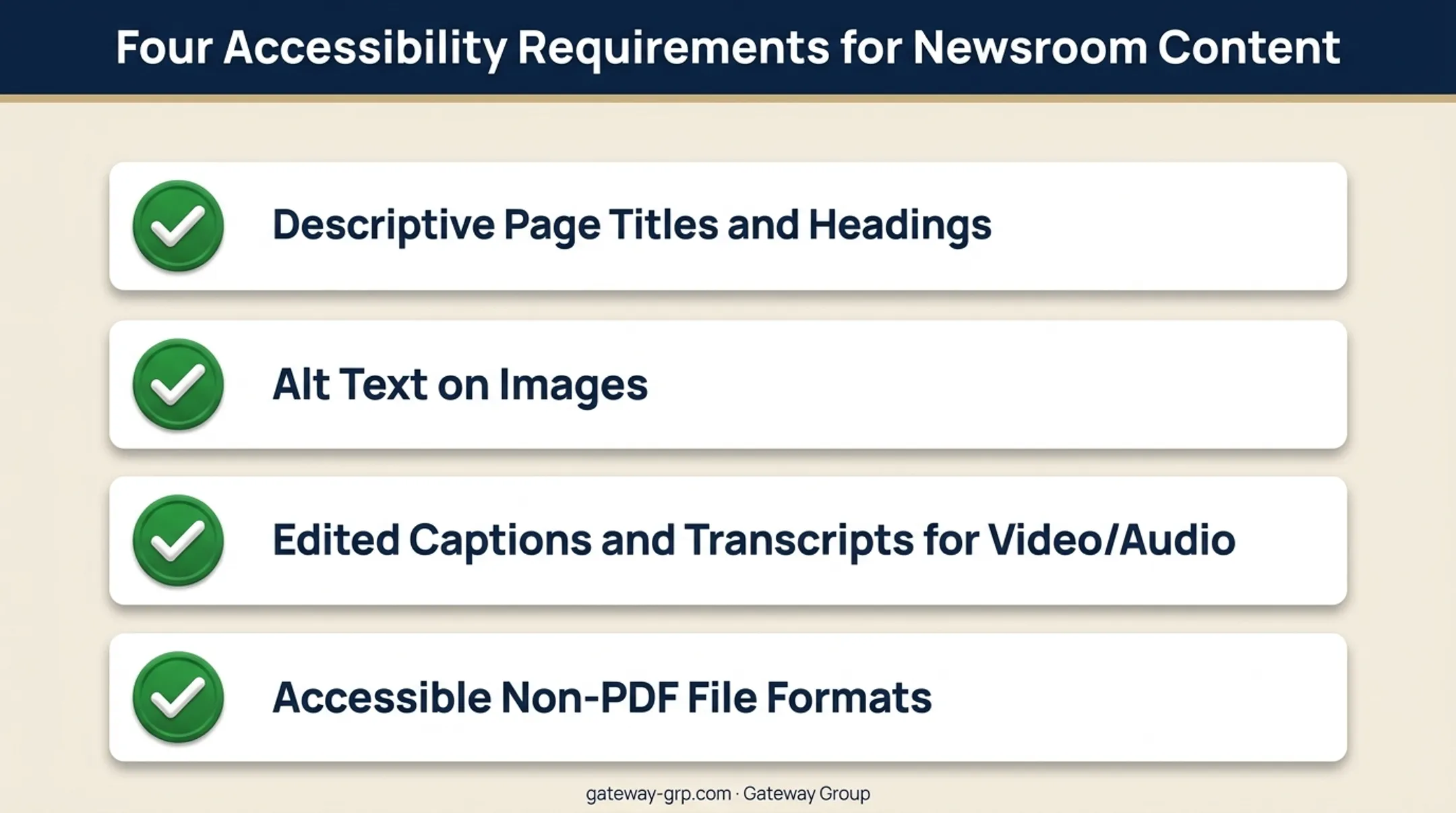 Newsroom accessibility checklist for content search and reuse