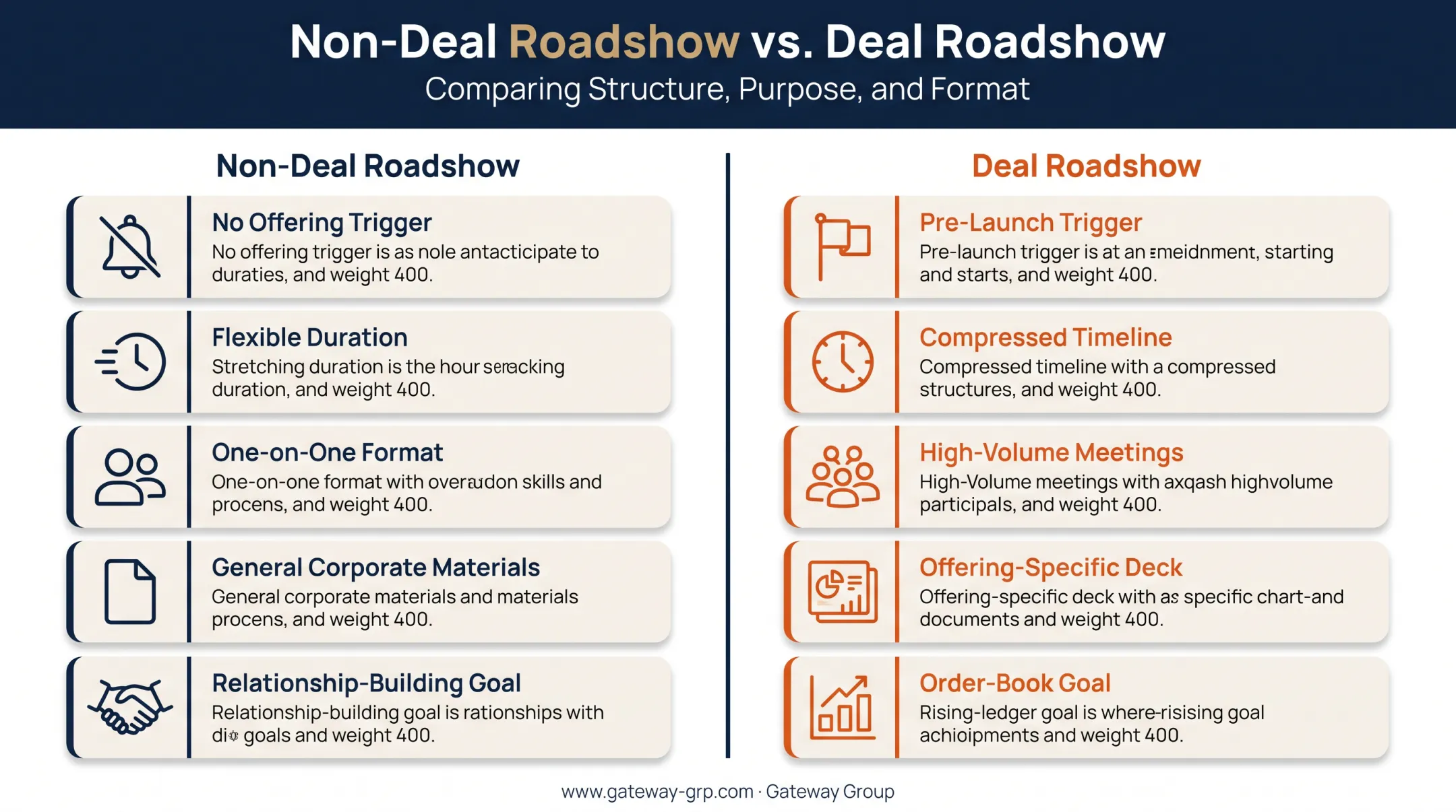 Non-deal roadshow versus deal roadshow comparison chart key differences