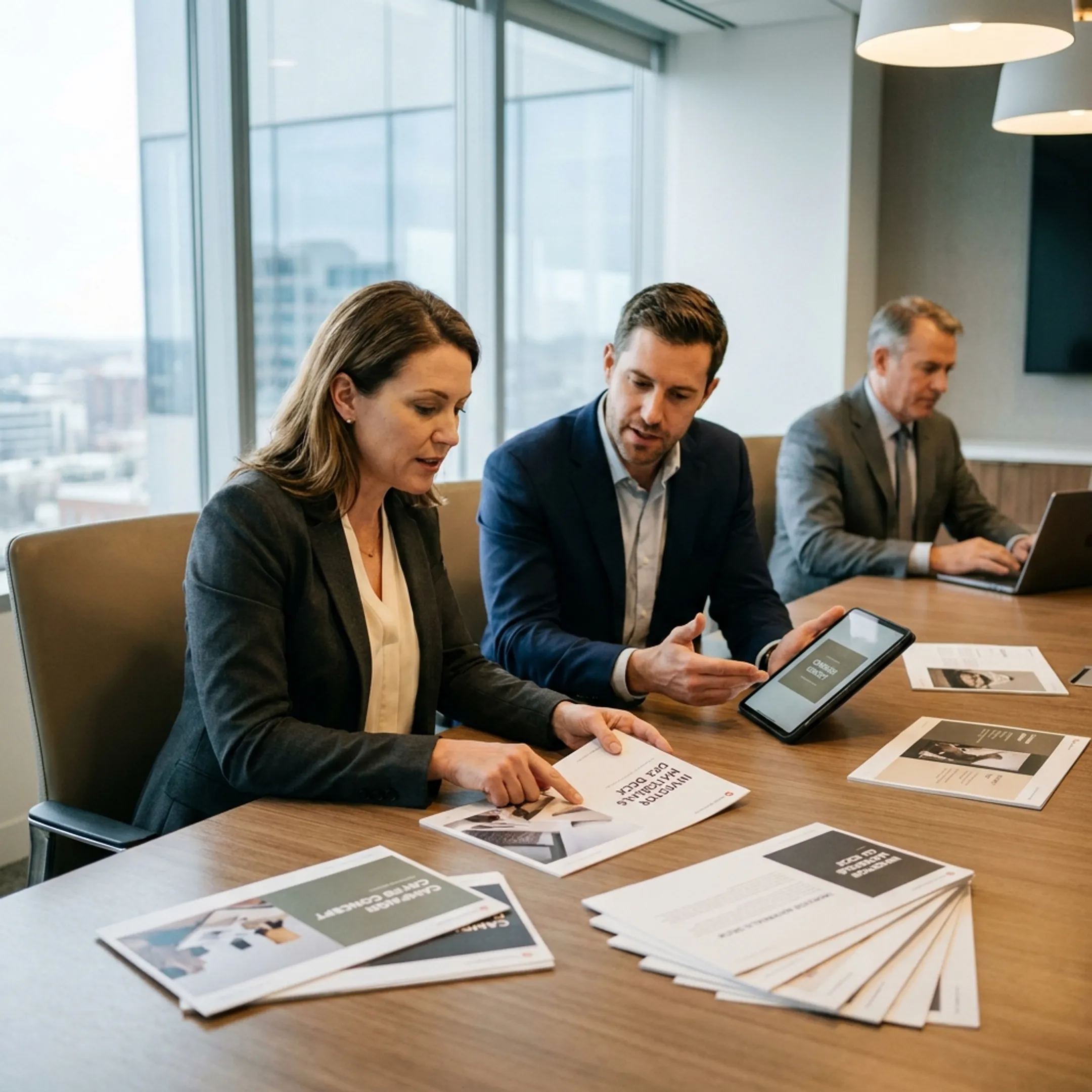 Strategic communications professionals reviewing B2B messaging and campaign materials