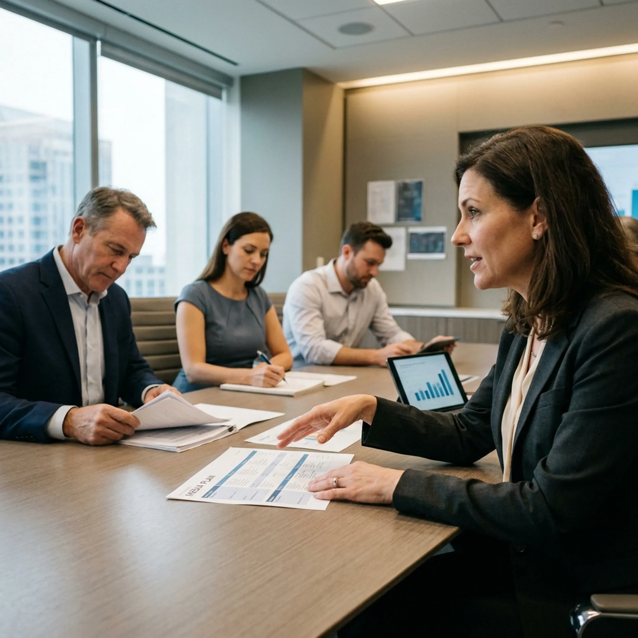 Communications consultants discussing media strategy with company executives