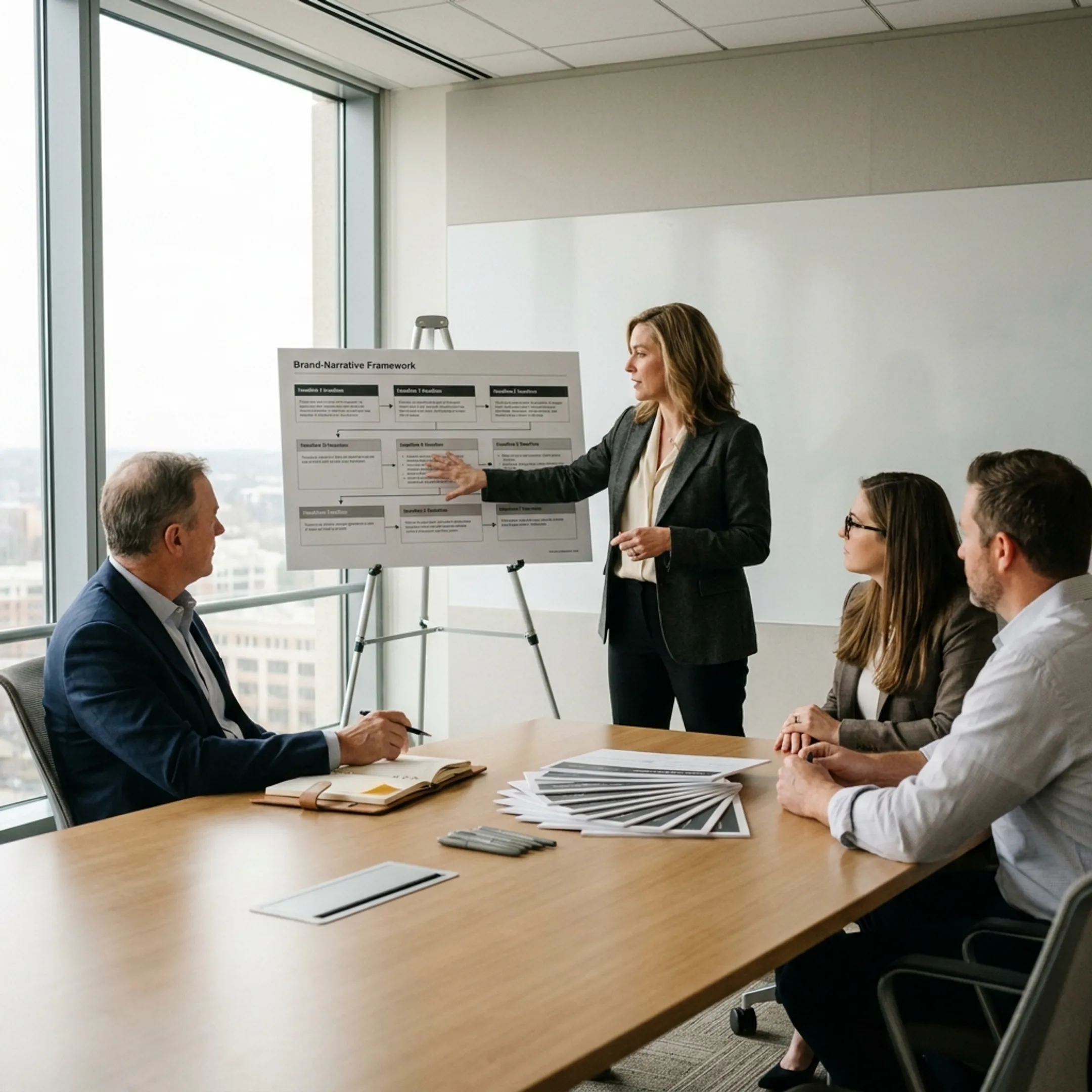Strategist presenting a brand narrative to company leadership
