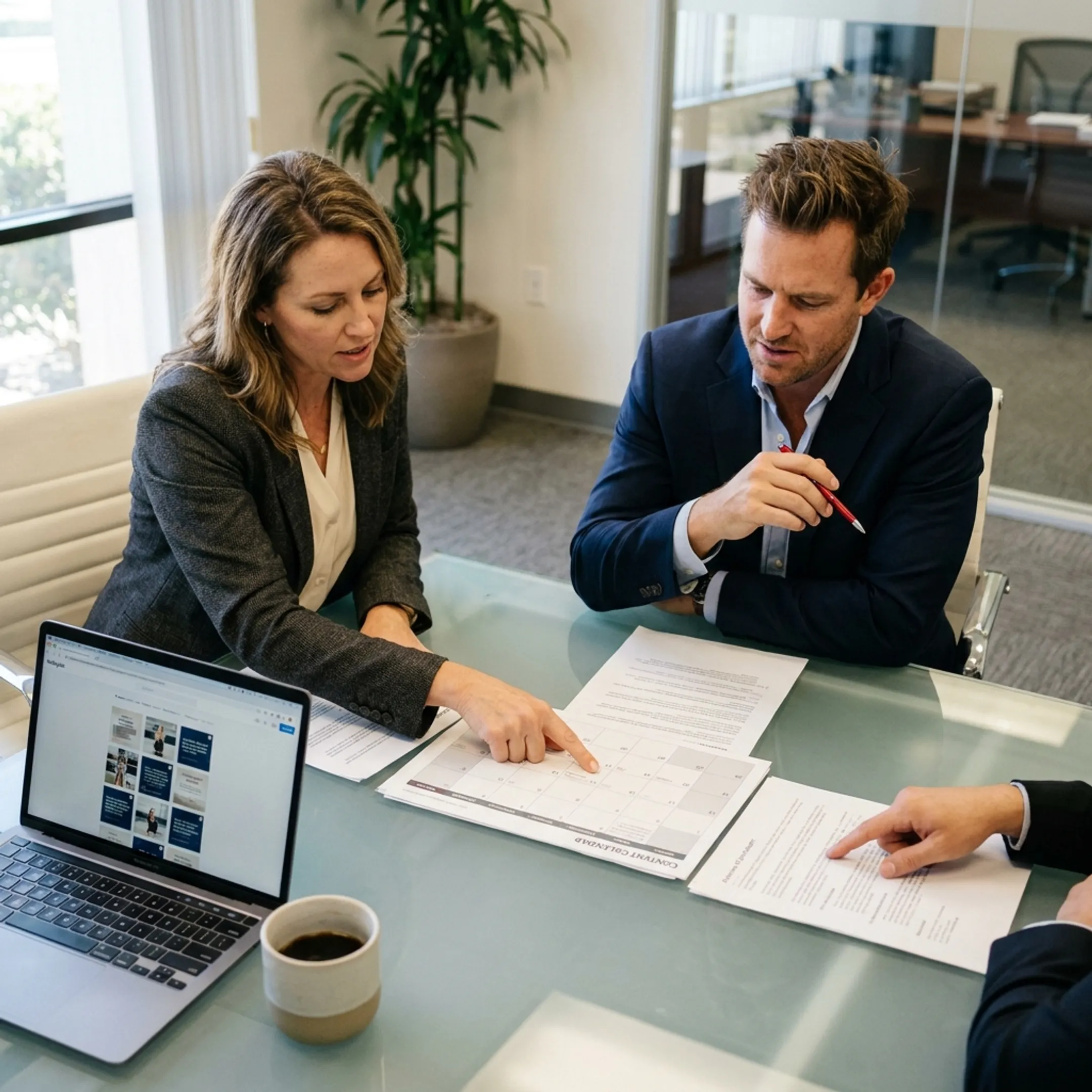 Strategic communications team developing organic PR content