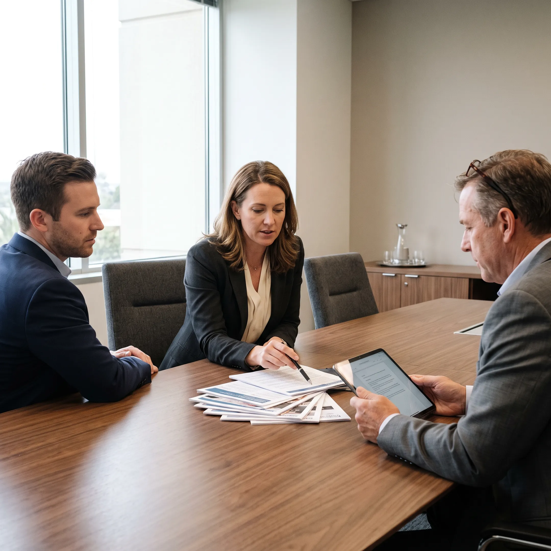 Communications team preparing litigation response materials in a professional meeting