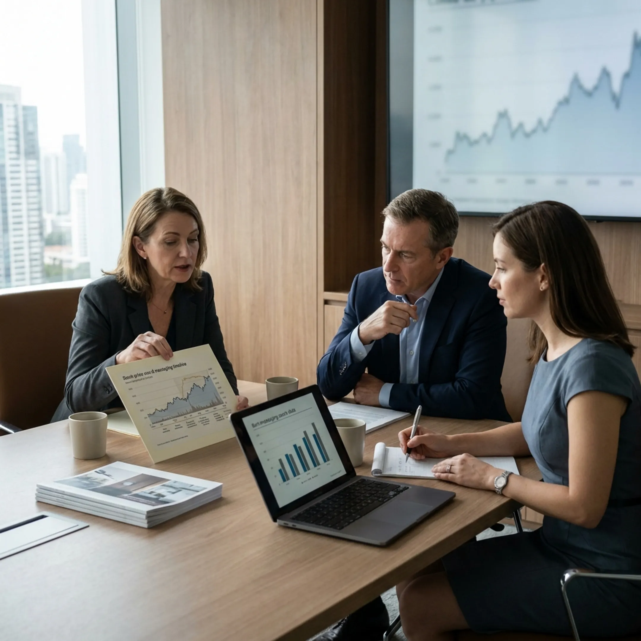 Energy executives reviewing a strategic communications presentation