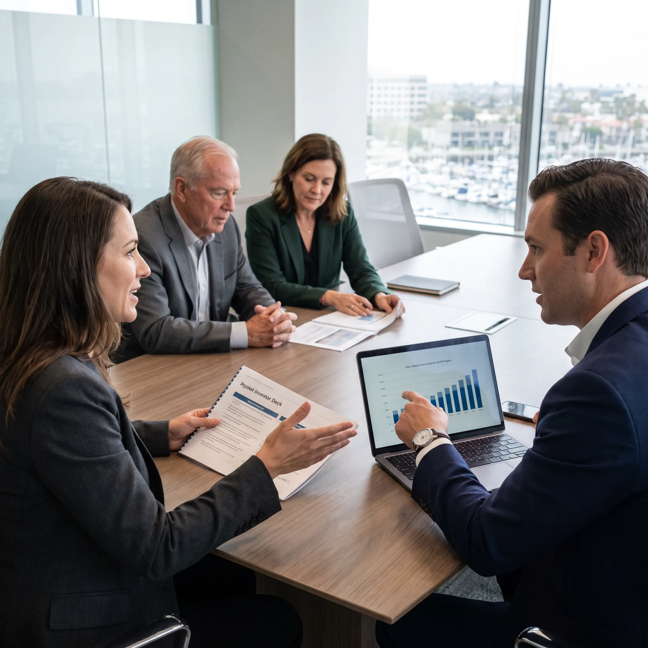 Energy communications team discussing strategy with company executives