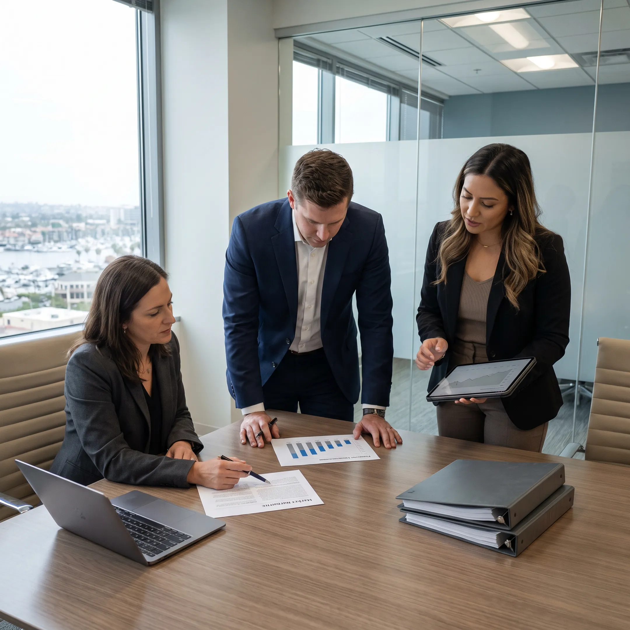 Investor relations team reviewing financial communications case study materials