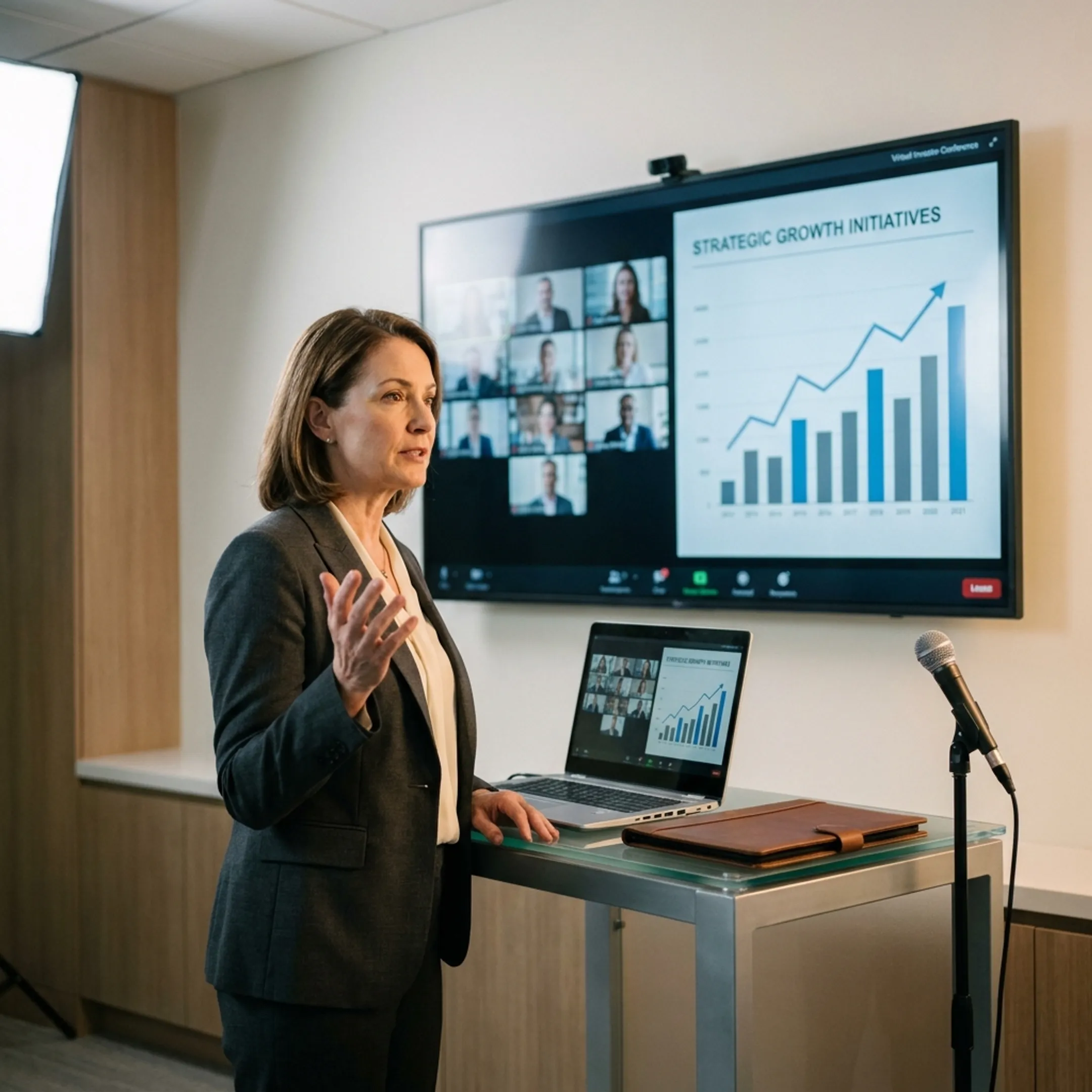 Executive presenting company strategy during a virtual investor event