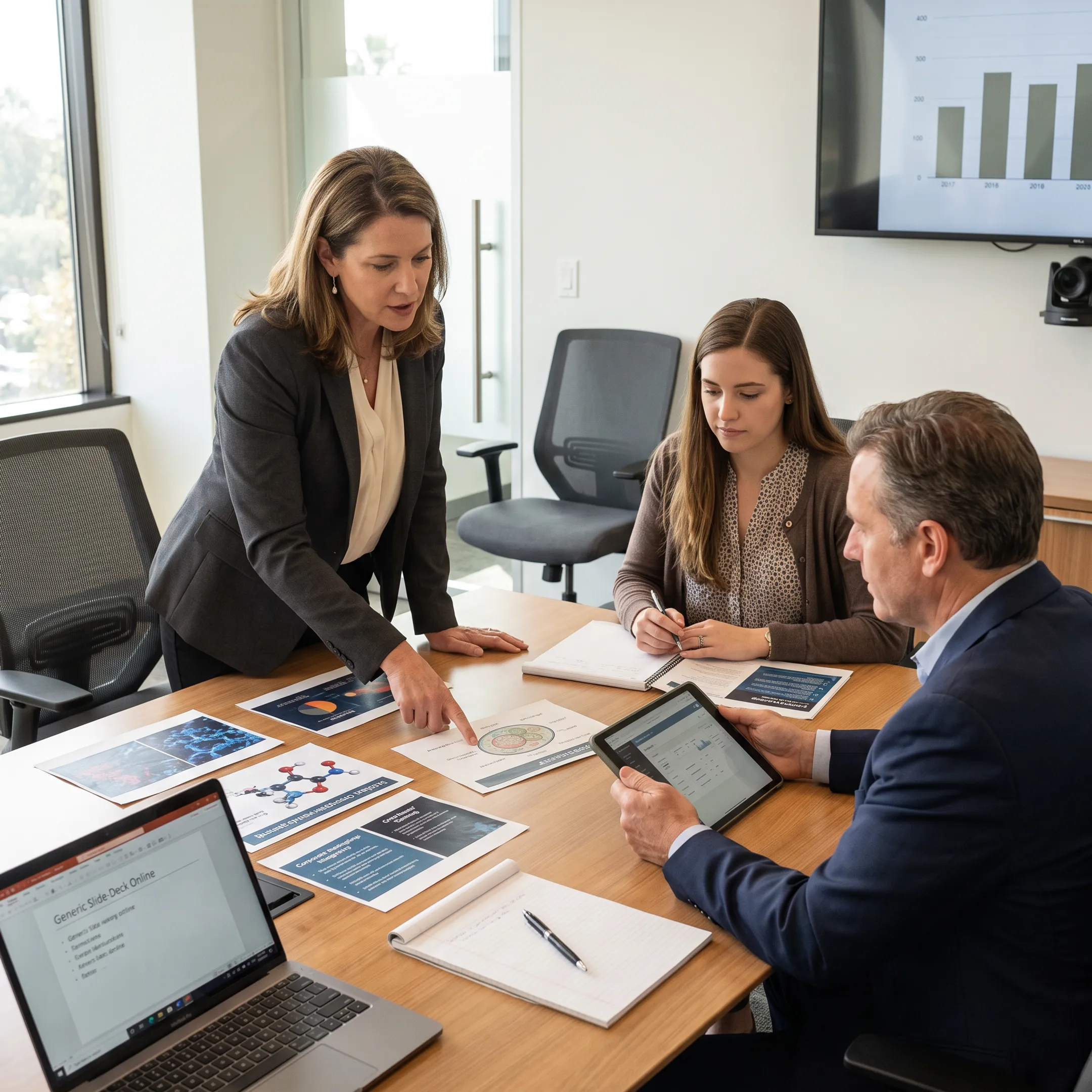 Biotech communications team reviewing scientific and investor messaging