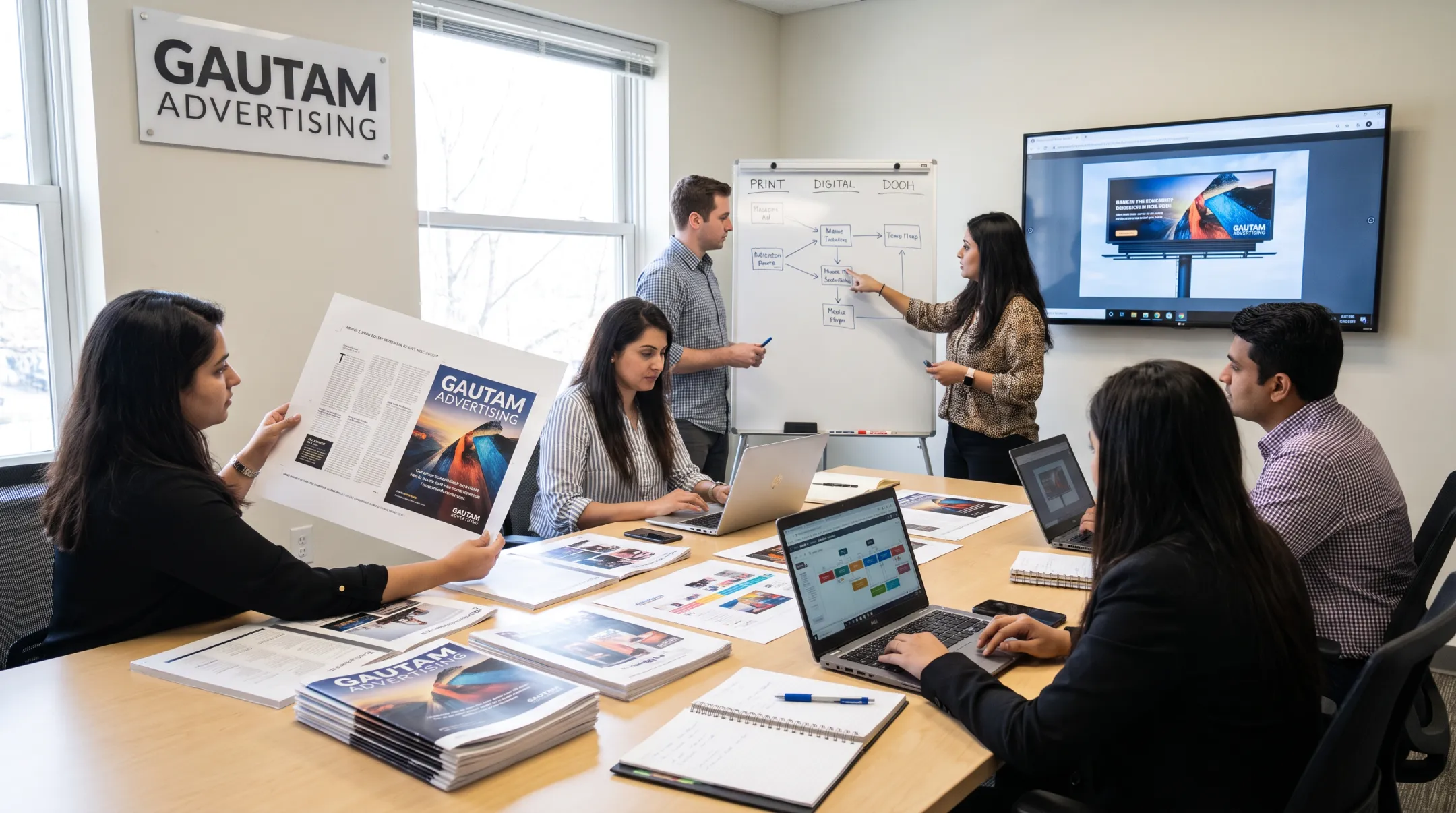 Gautam Advertising team coordinating print digital and DOOH media campaigns