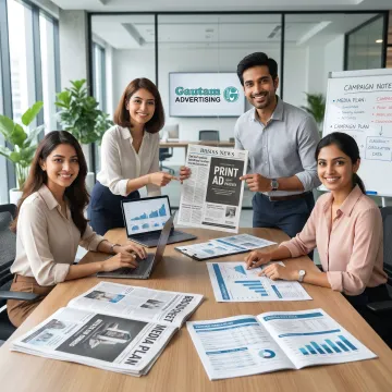 Print media planning meeting with newspaper ad layouts