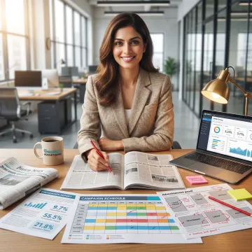 Media planner reviewing newspaper advertising options