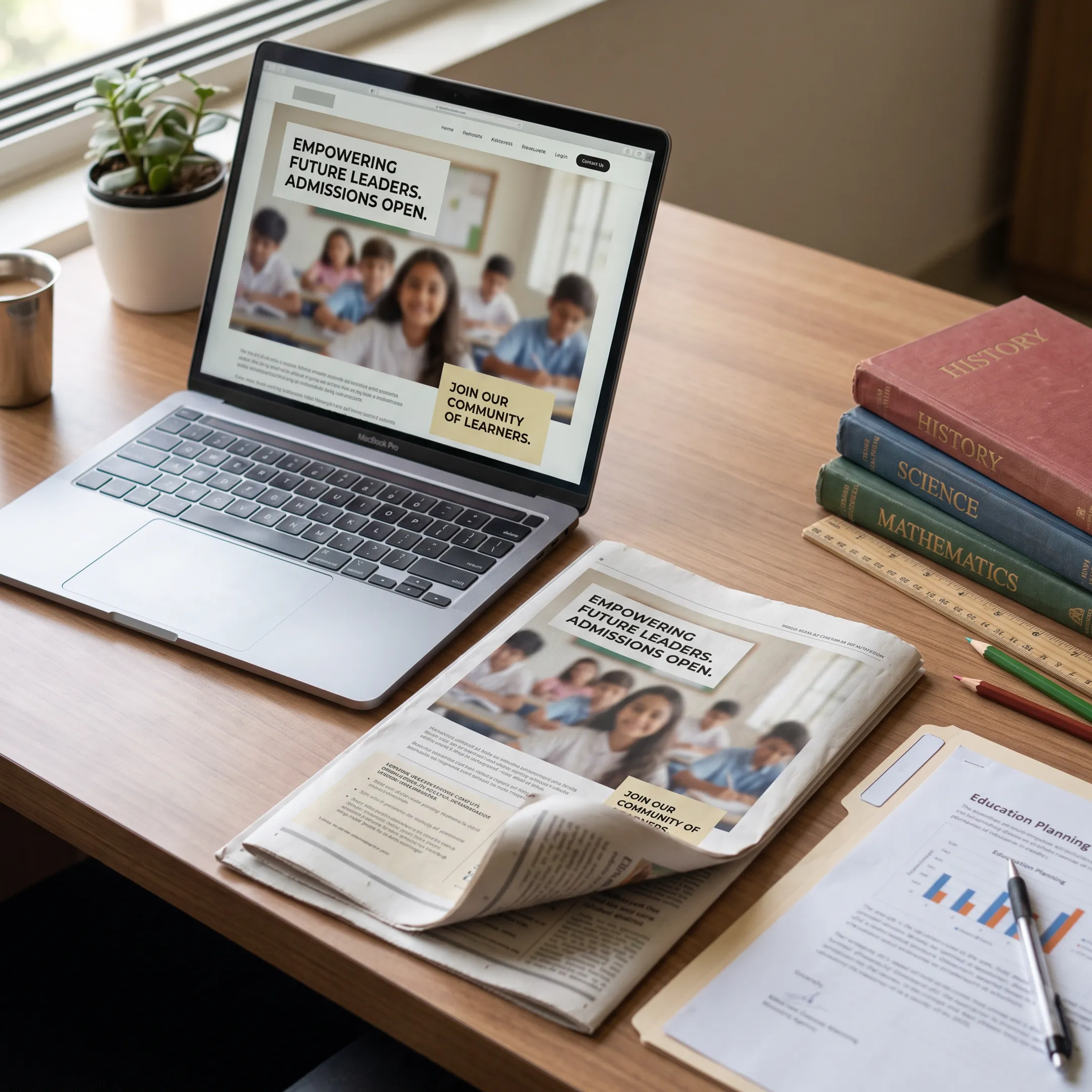 Recruitment advertisement displayed on a laptop beside teaching materials