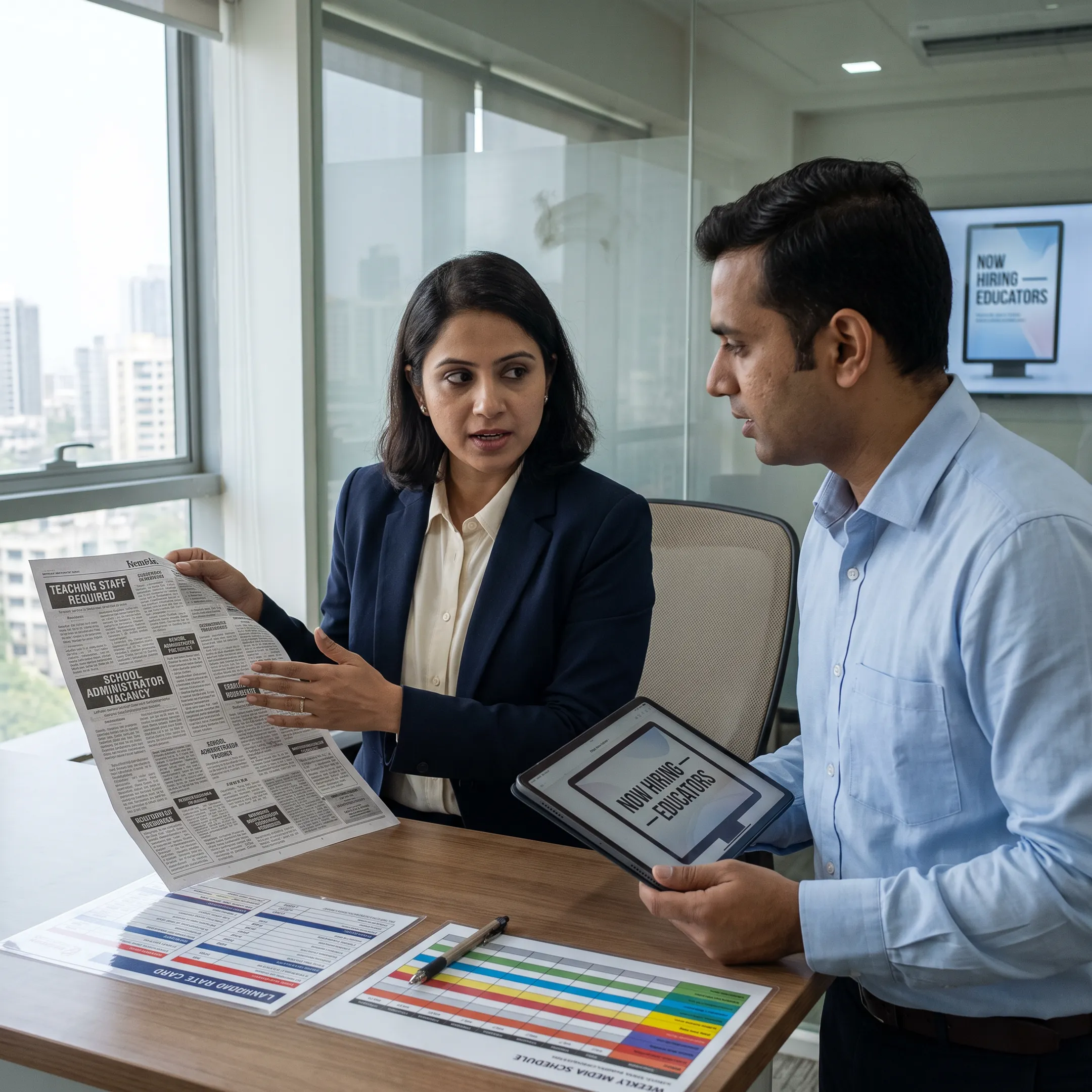 School recruitment advertisement displayed across print and digital media channels