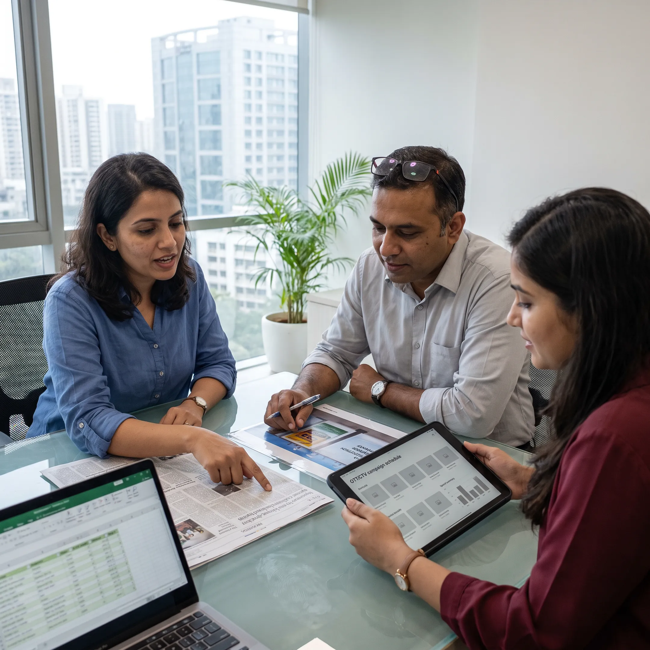 Media buying team planning a multi-channel advertising campaign in India