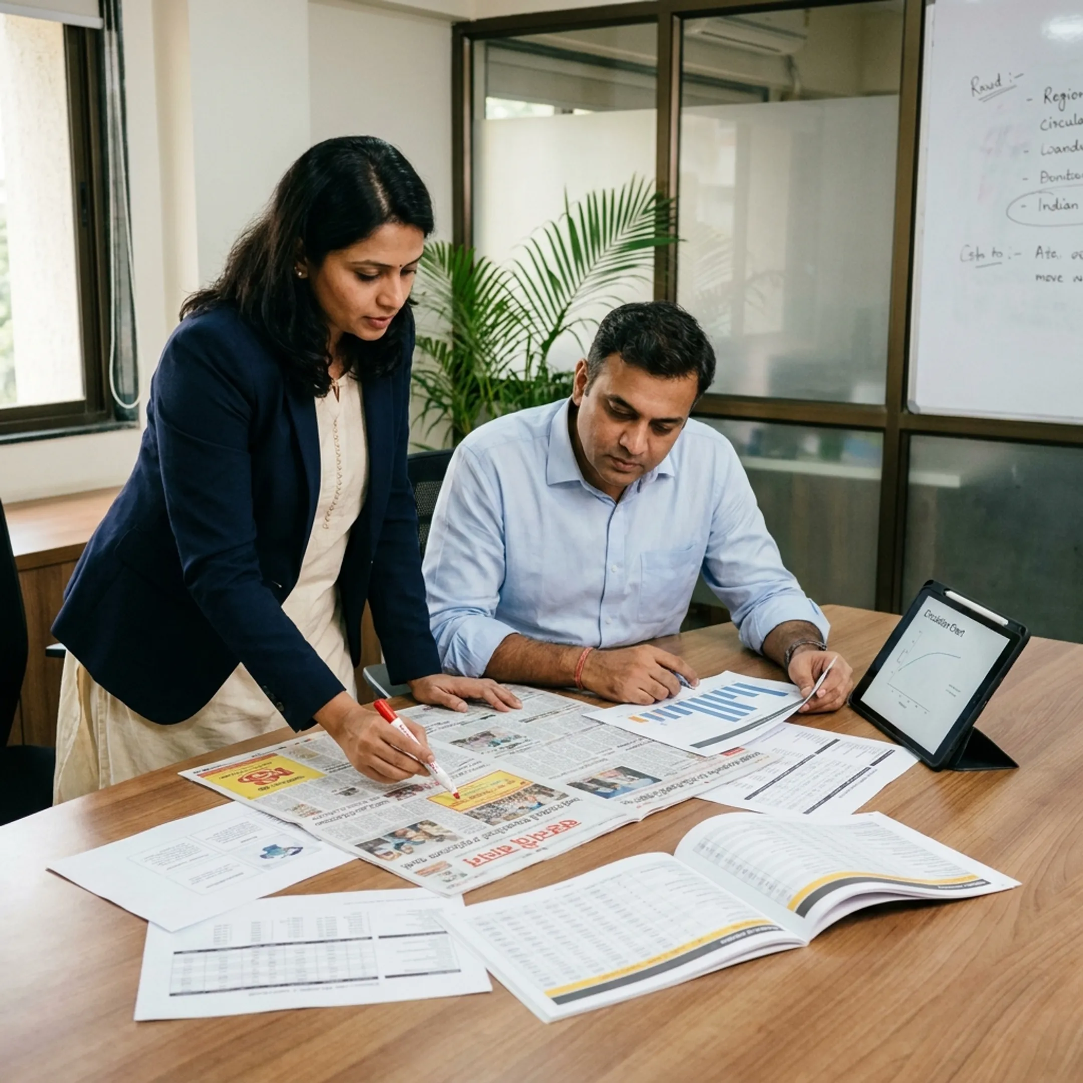 Newspaper advertisement planning consultation with Sandesh publication materials
