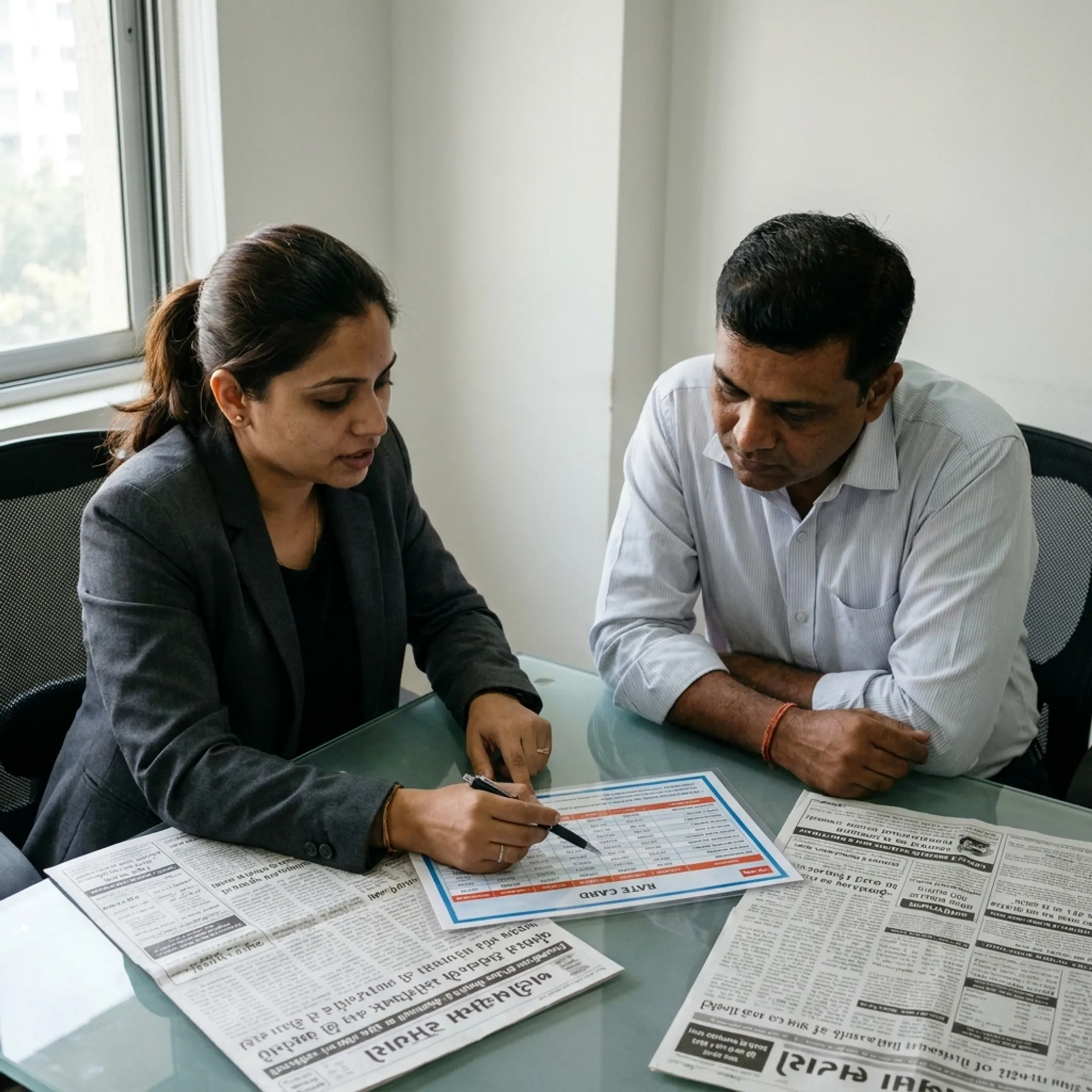 Consultant discussing Sandesh newspaper advertisement pricing and placement