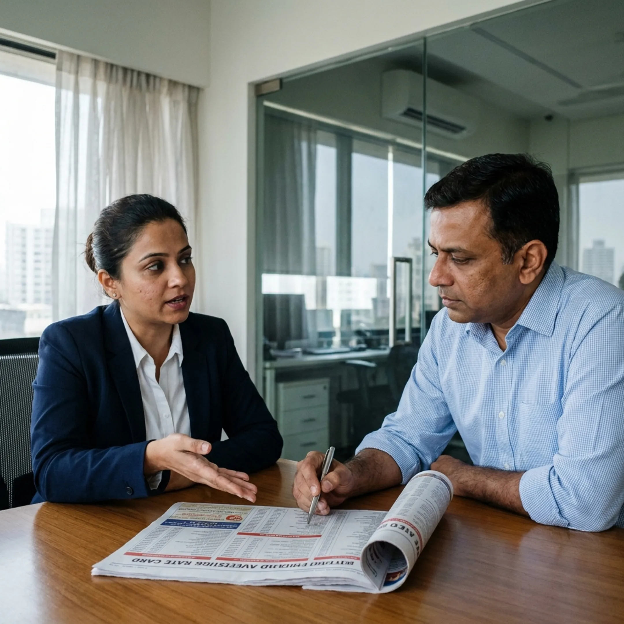 Client discussing newspaper advertising options with a media planning consultant