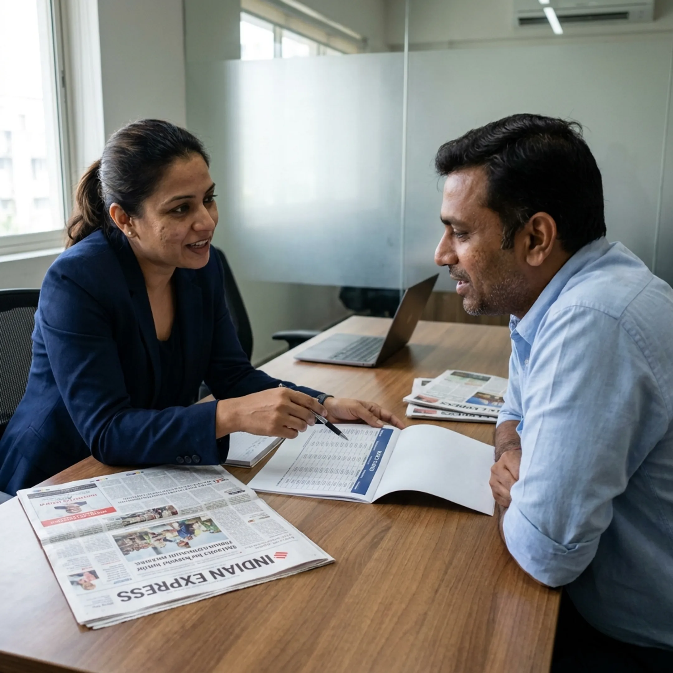 Newspaper advertising professional reviewing an Indian Express ad booking with a client