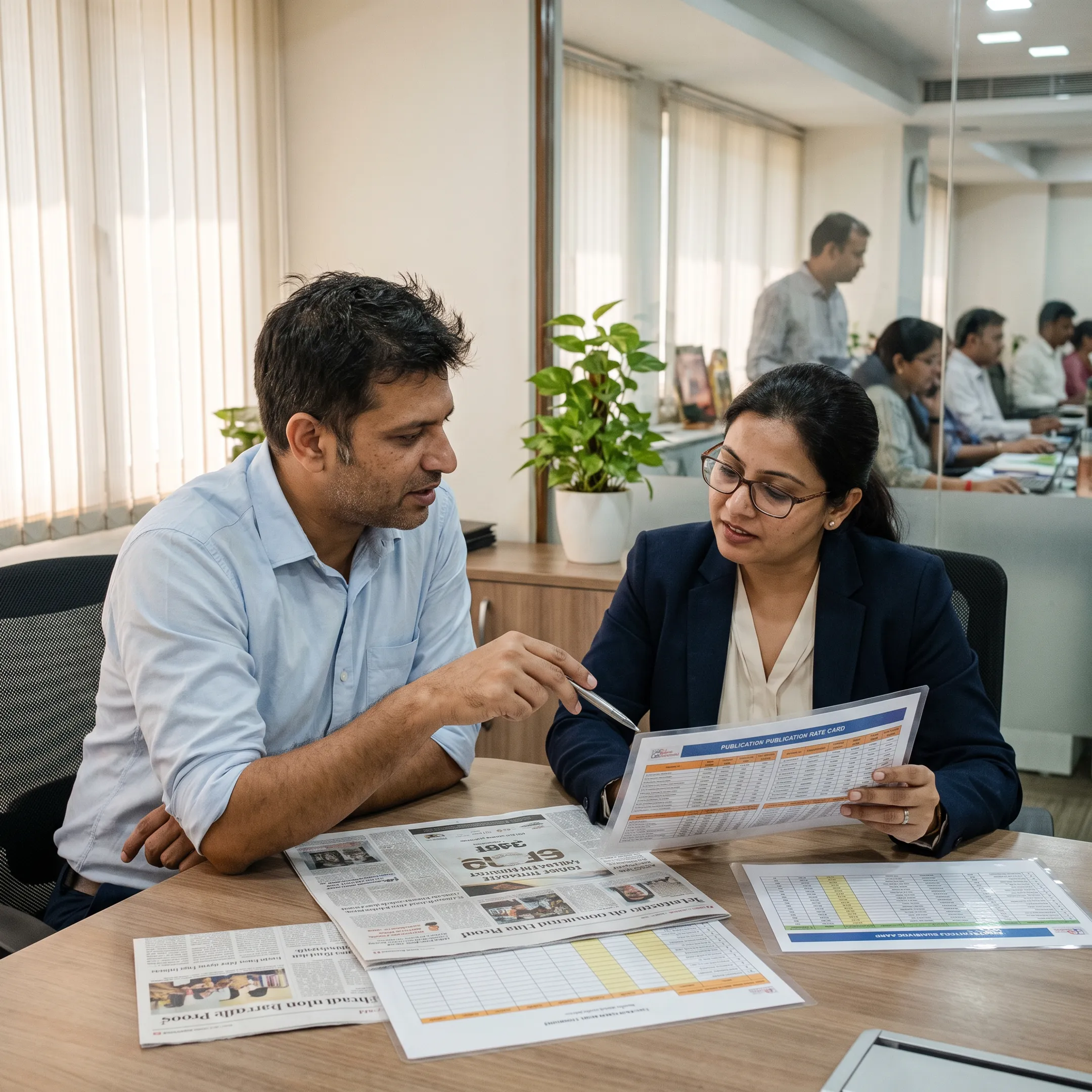Newspaper advertising specialist reviewing print ad layouts and publication rate options with a business client