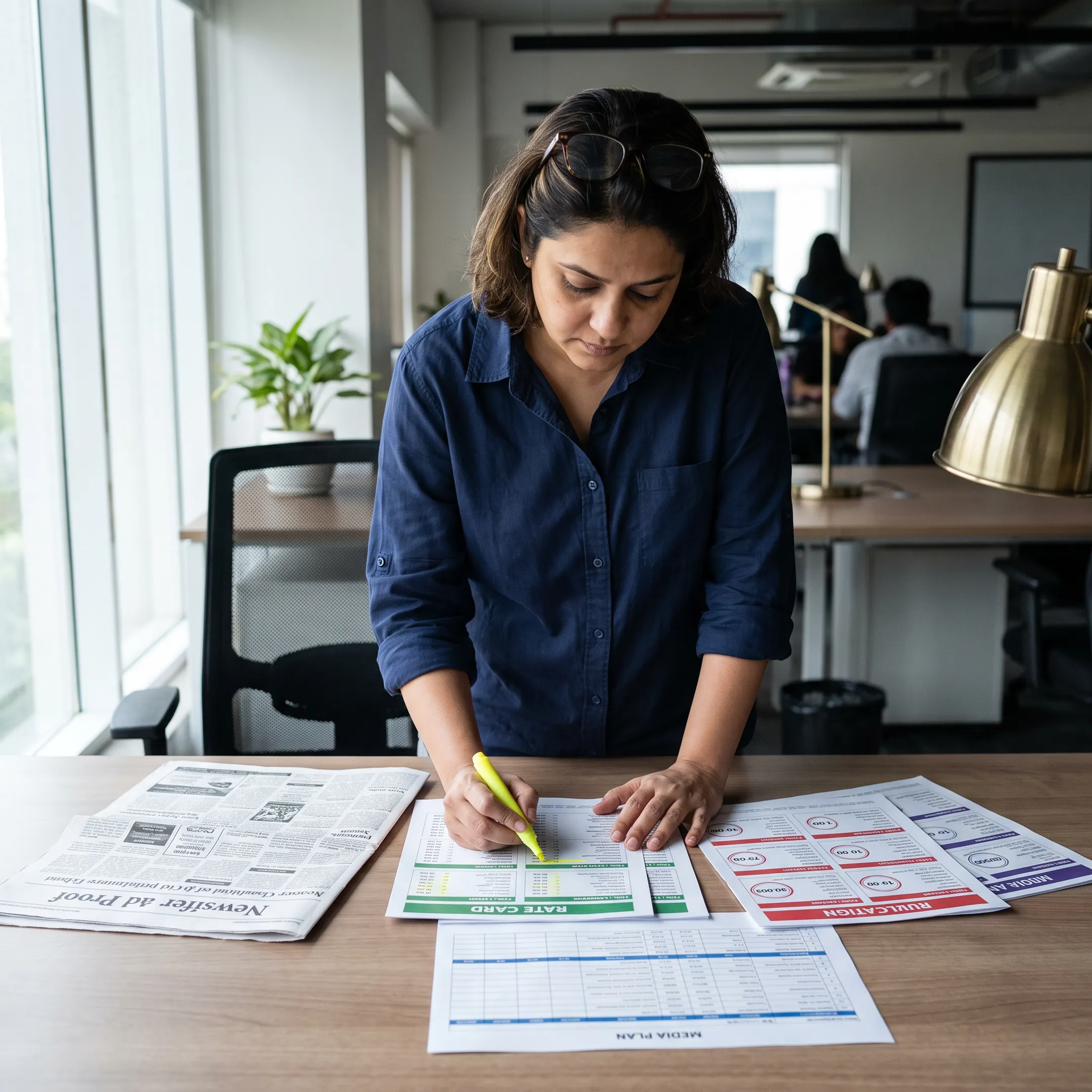Newspaper classified advertisement planning with media rate documents and advertising layouts