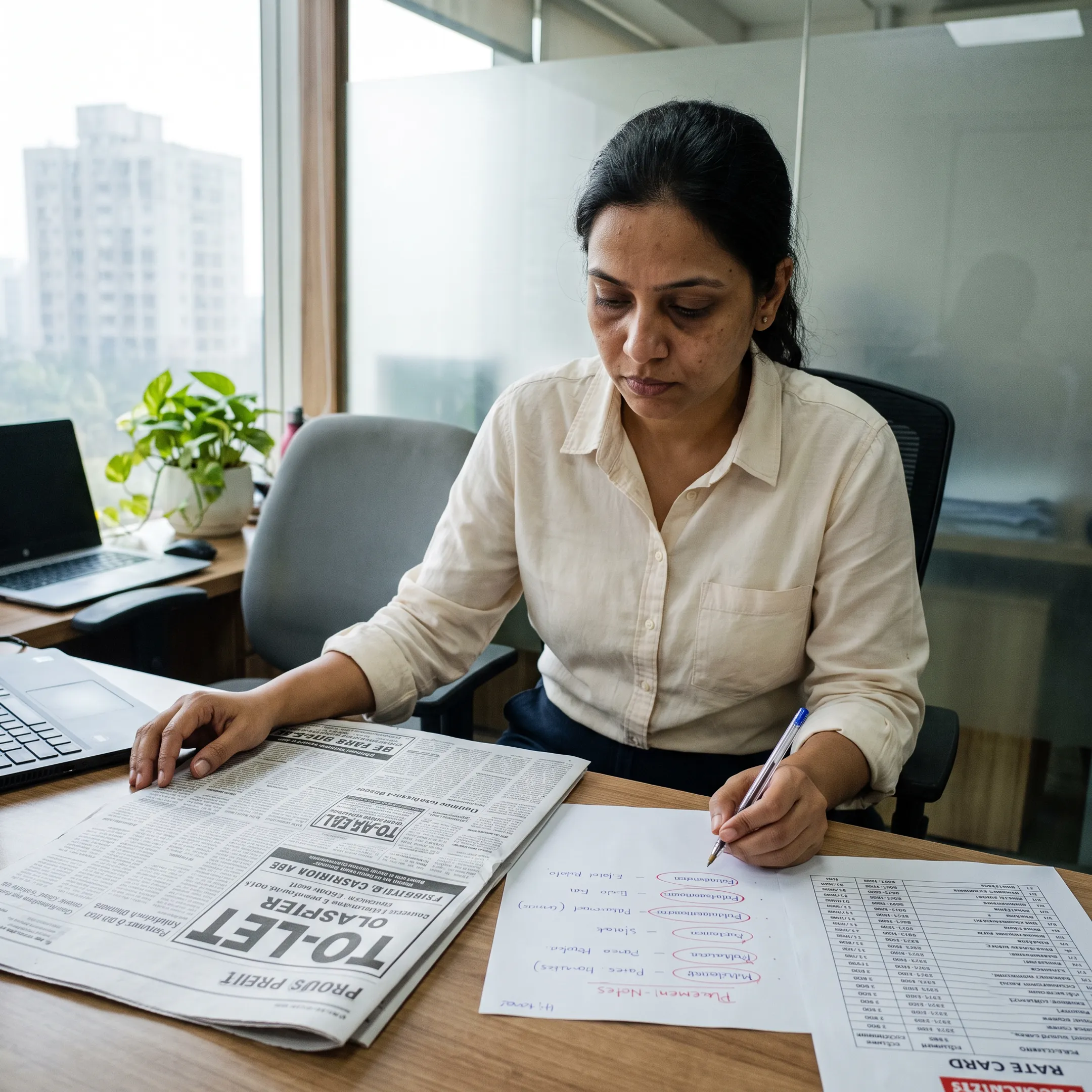 Advertising specialist reviewing a rental property newspaper advertisement plan