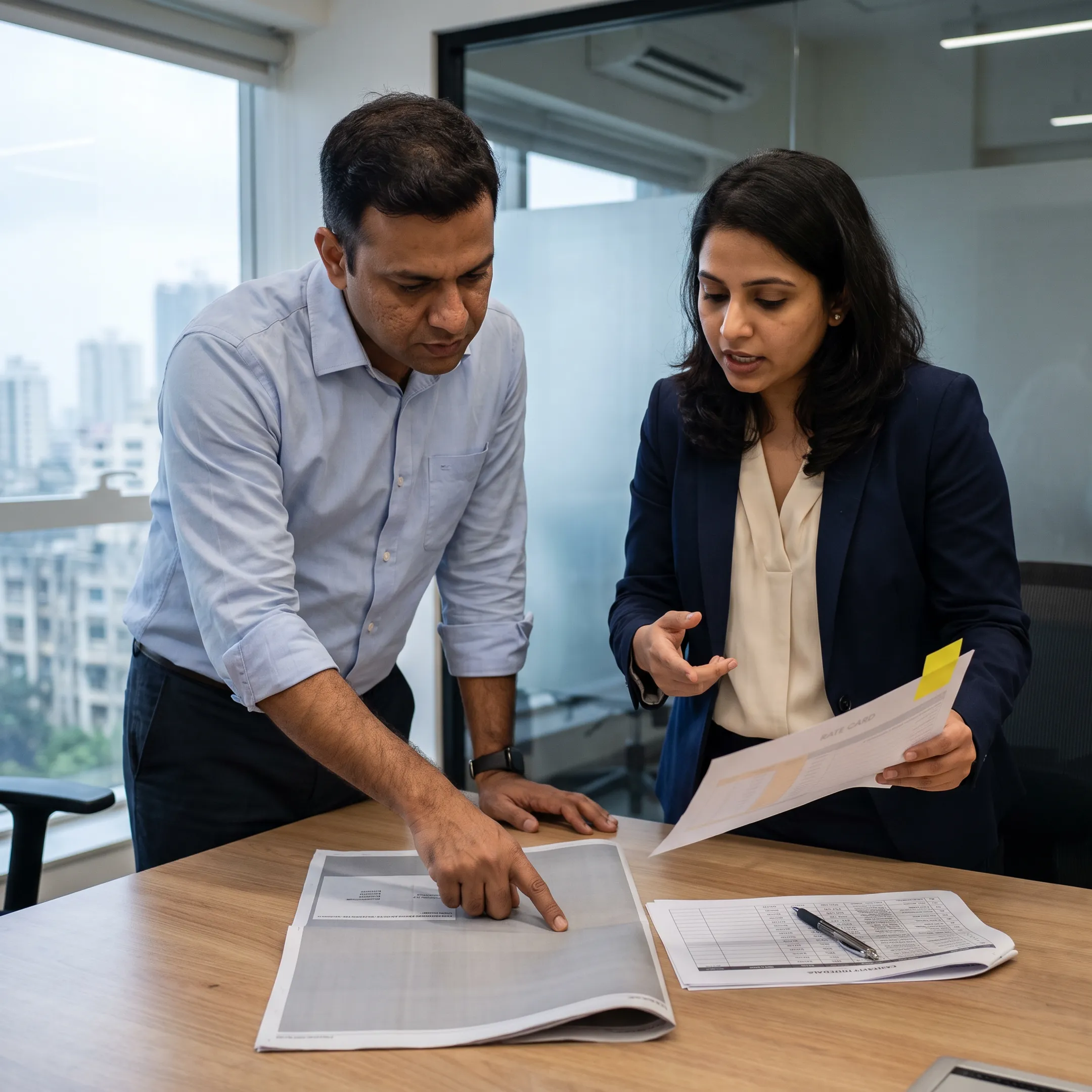 Business newspaper display advertisement being reviewed by media planning professionals