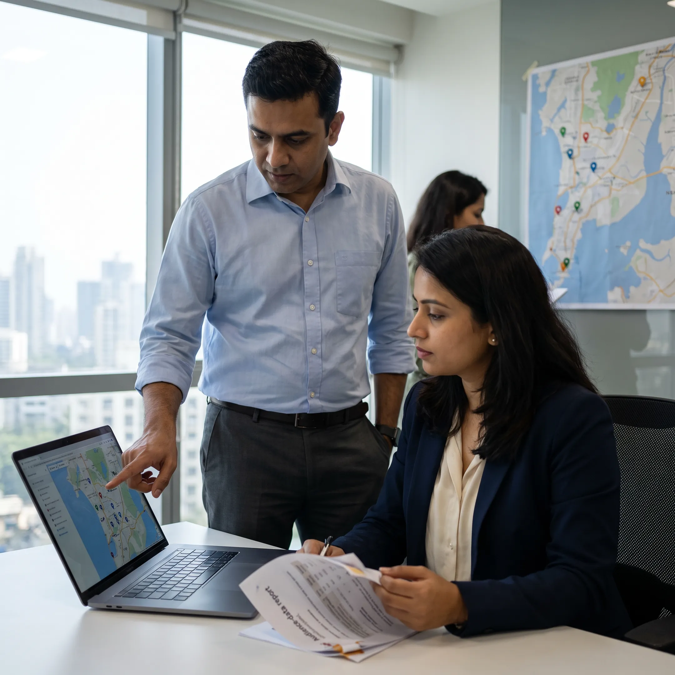 Marketing team planning a Digital Out-of-Home campaign on a screen network map