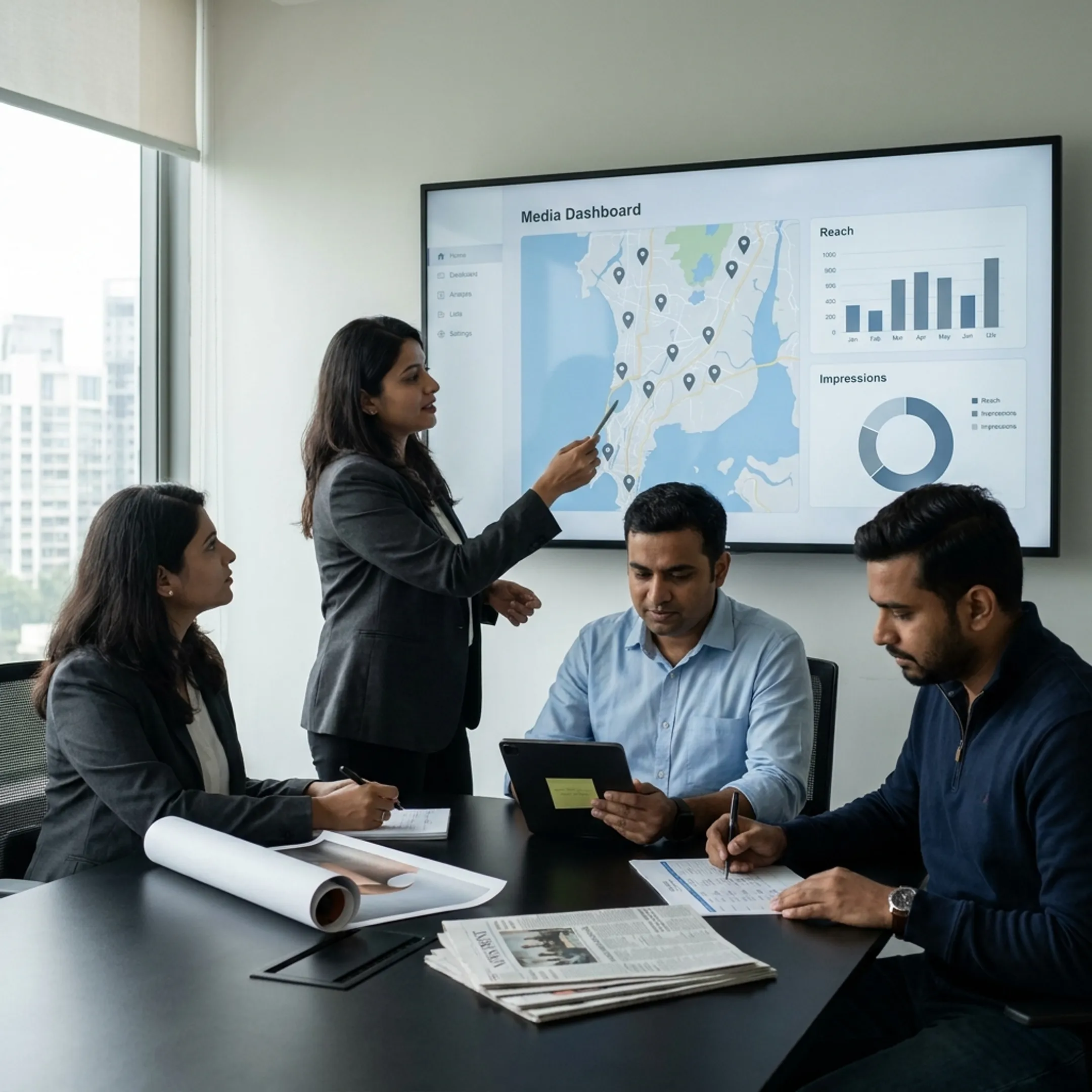 Marketing professionals reviewing targeted digital advertising campaign data