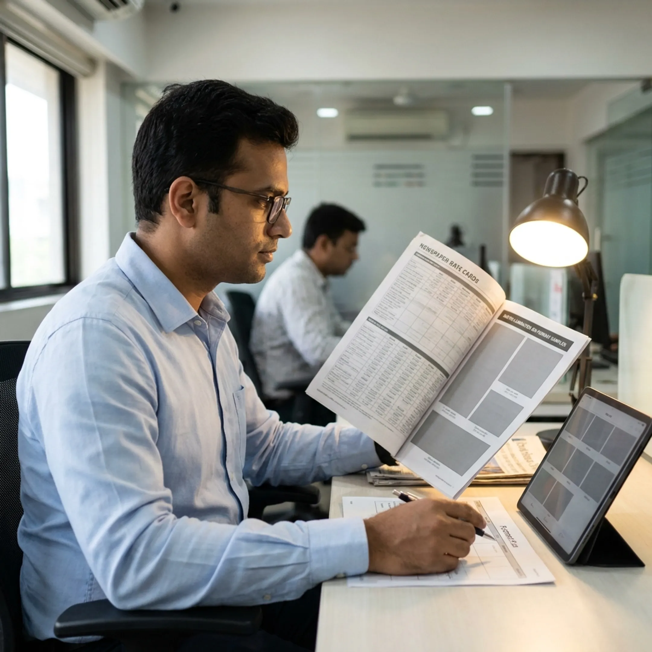 Newspaper ad planning documents and publication rate information