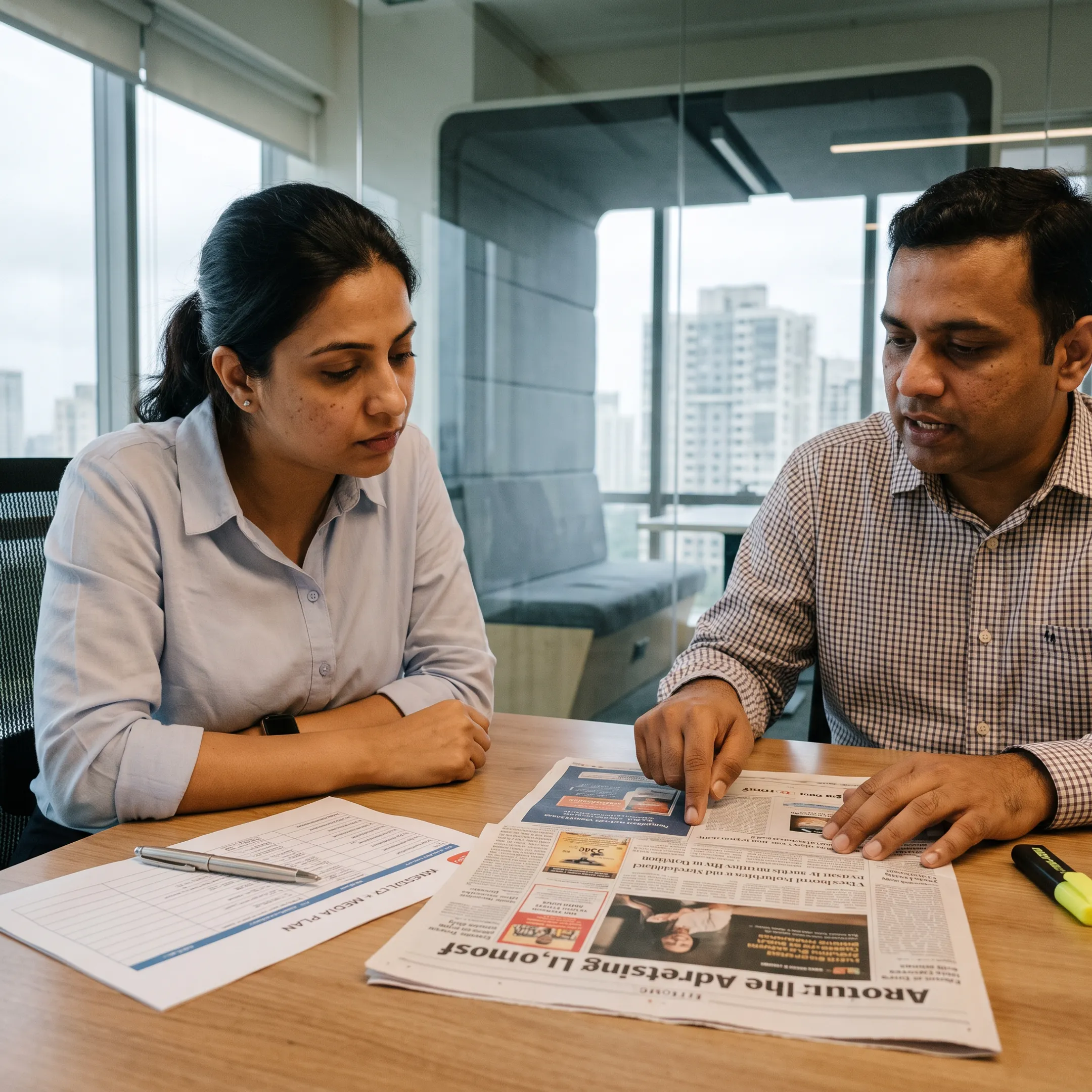 Newspaper advertising layout reviewed by a media planning professional