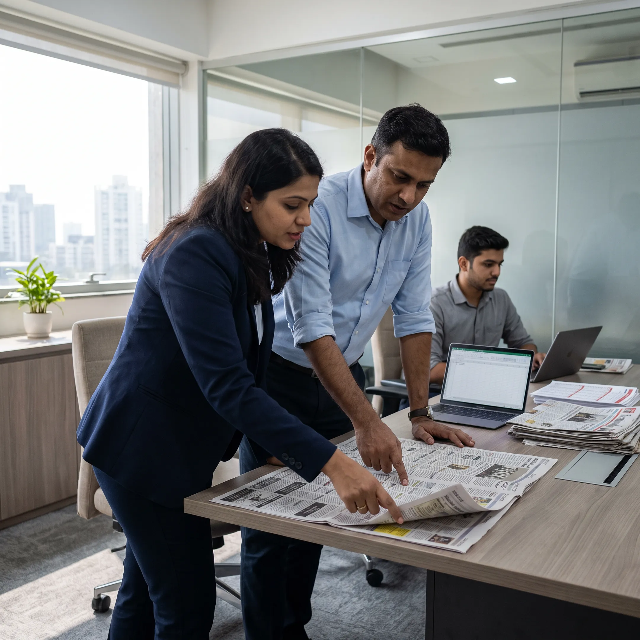 Team member arranging an English newspaper advertisement campaign online