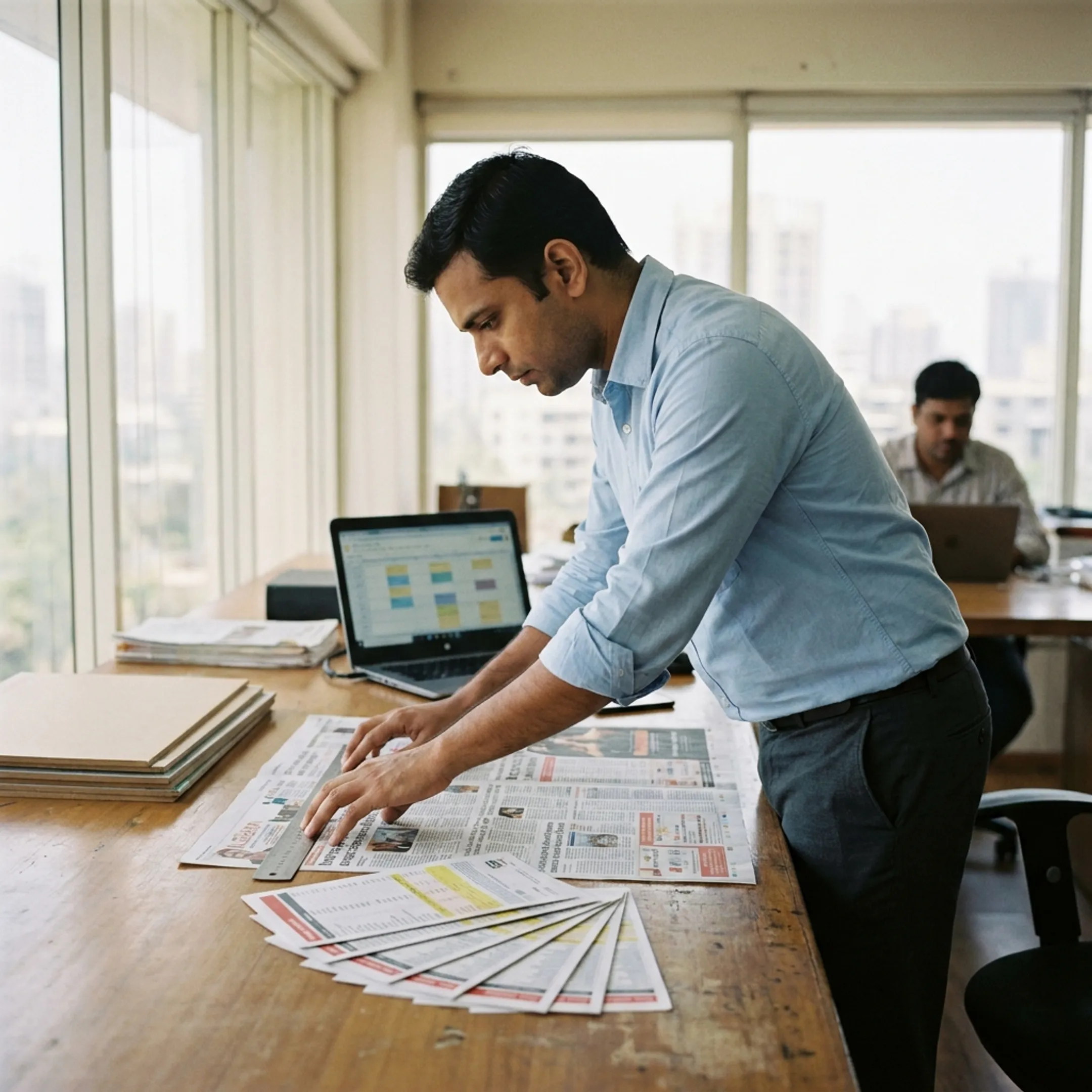Team member reviewing newspaper advertisement placement options