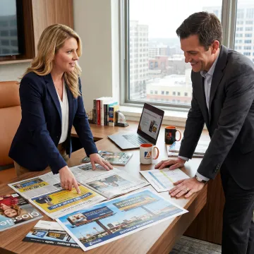 Media planner reviewing newspaper and outdoor ad options
