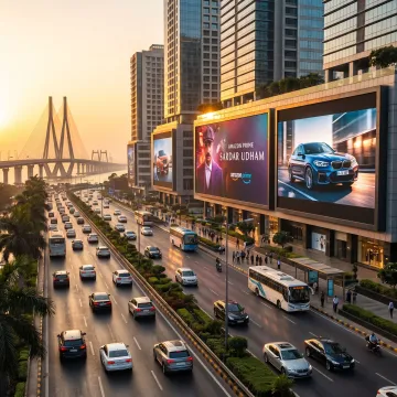 Digital out-of-home advertising display in a busy urban setting