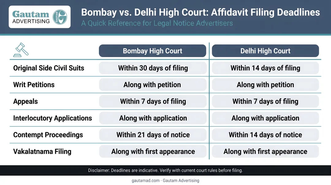 Bombay versus Delhi High Court affidavit filing deadlines comparison chart
