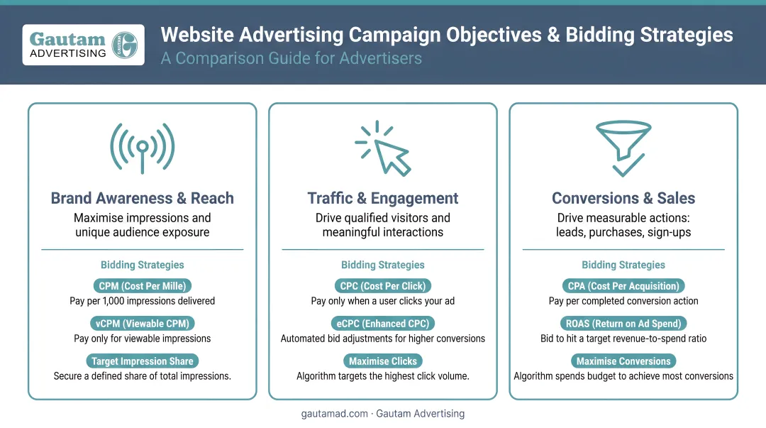 Three website advertising campaign objective types with bidding strategies comparison