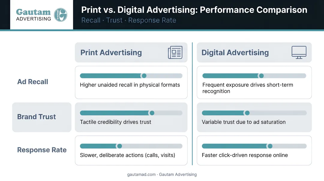 Print versus digital advertising performance comparison showing recall trust and response rates
