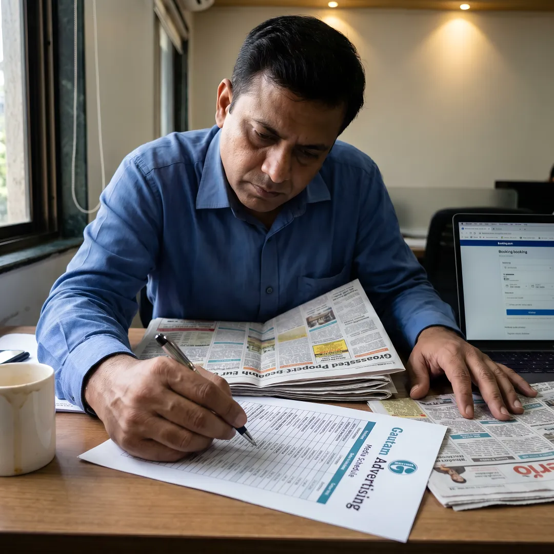 Planner reviewing real estate newspaper ad options
