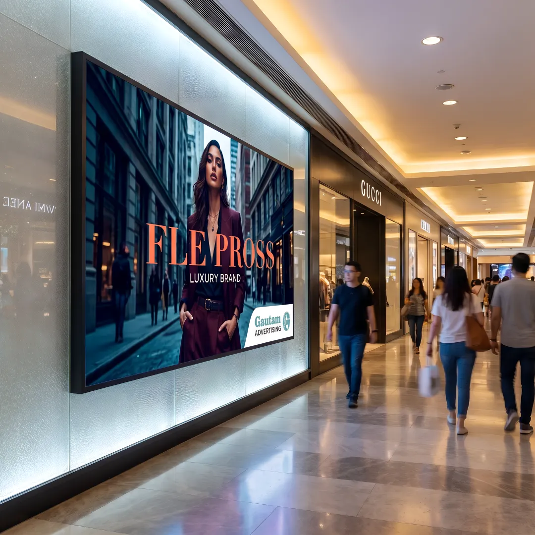 Digital advertising screen in a mall retail corridor