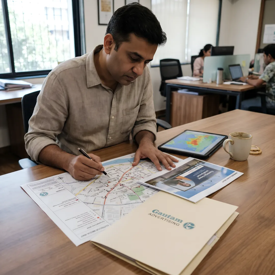 Media planner reviewing outdoor advertising placements